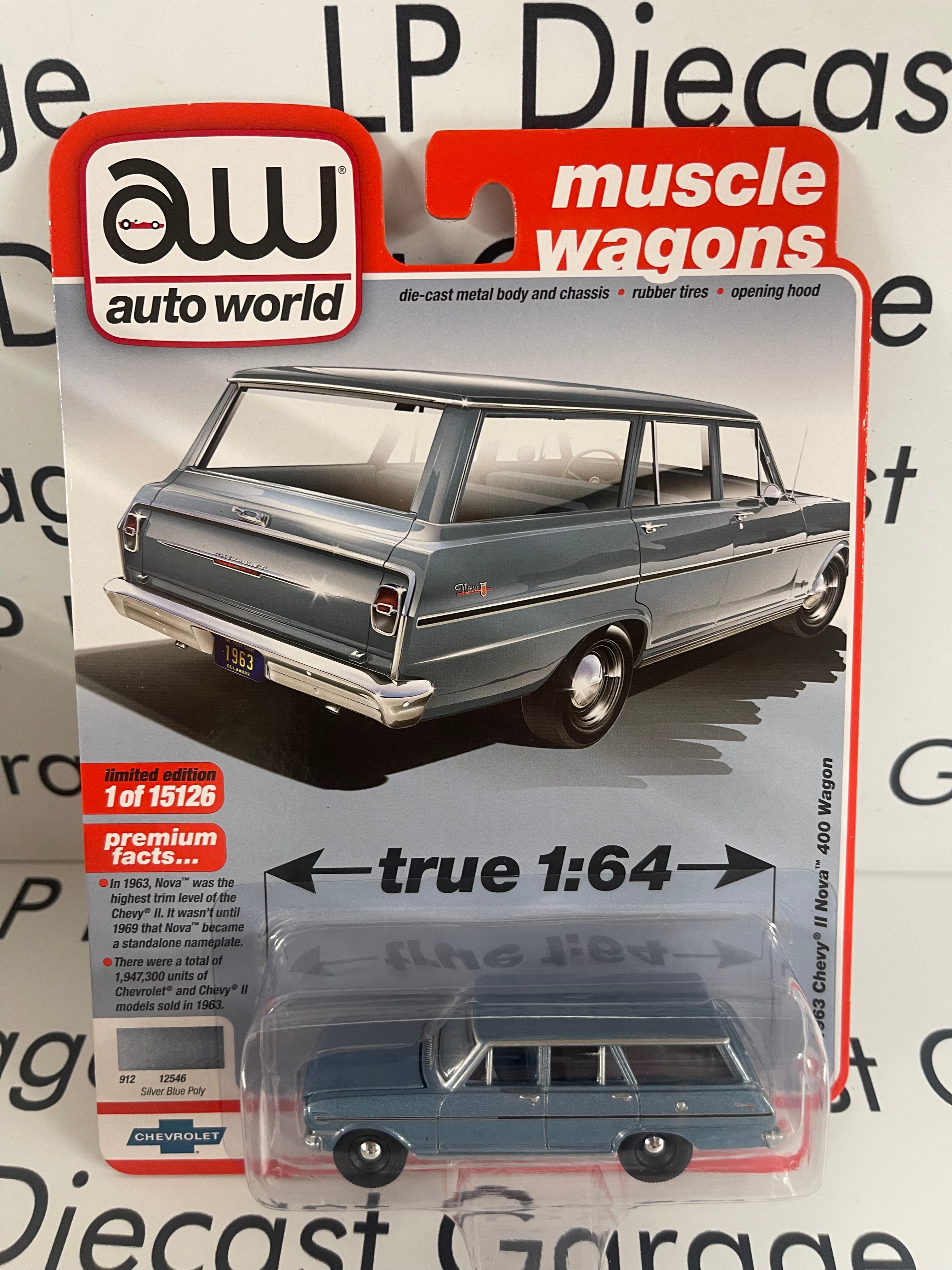 AUTO WORLD 1963 Chevrolet II Nova 400 Wagon Blue 1 64 Diecast LP Diecast Garage