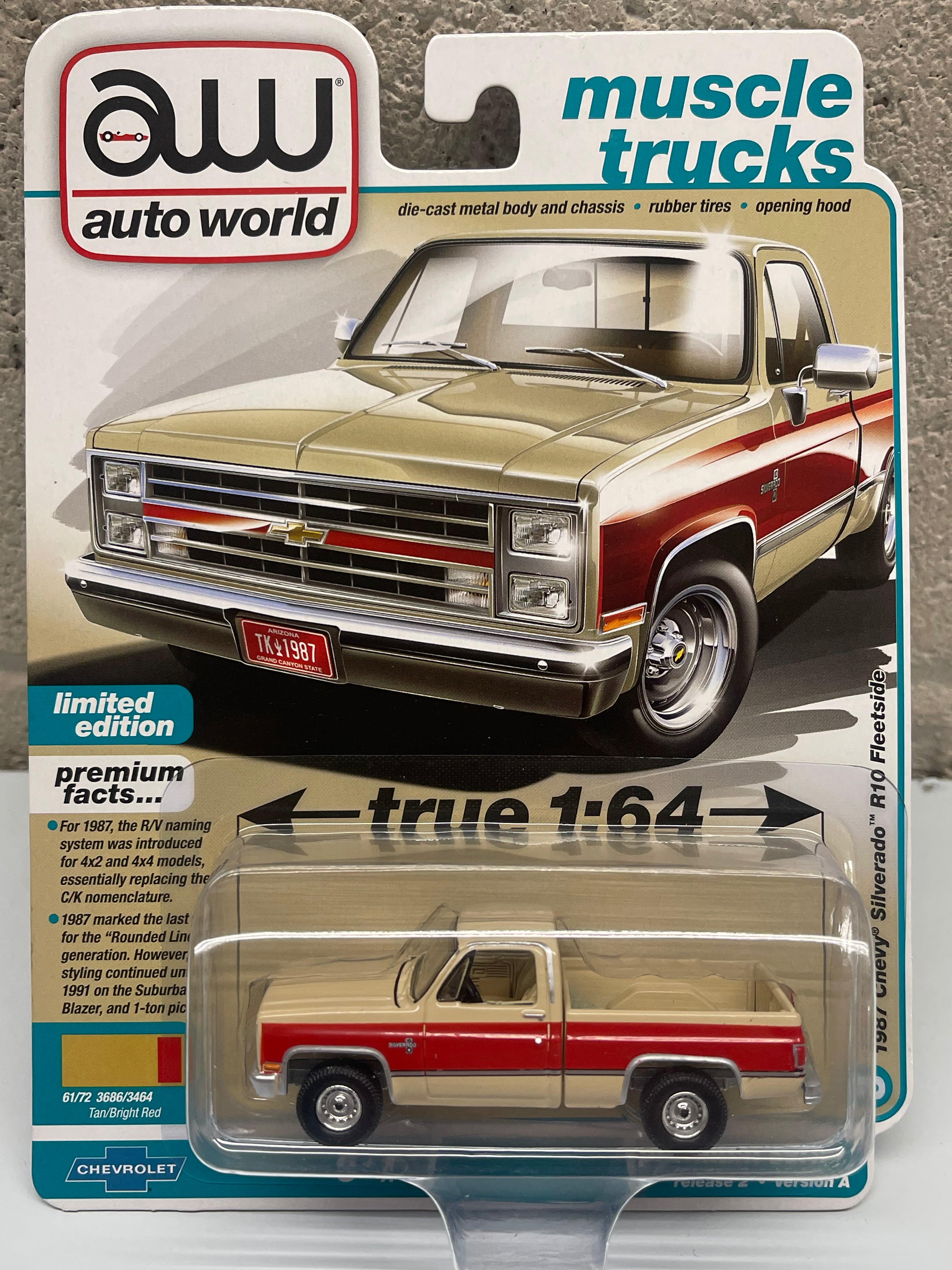 AUTO WORLD 1987 Chevy Silverado R10 Fleetside Tan/Red Truck 1:64 Diecast