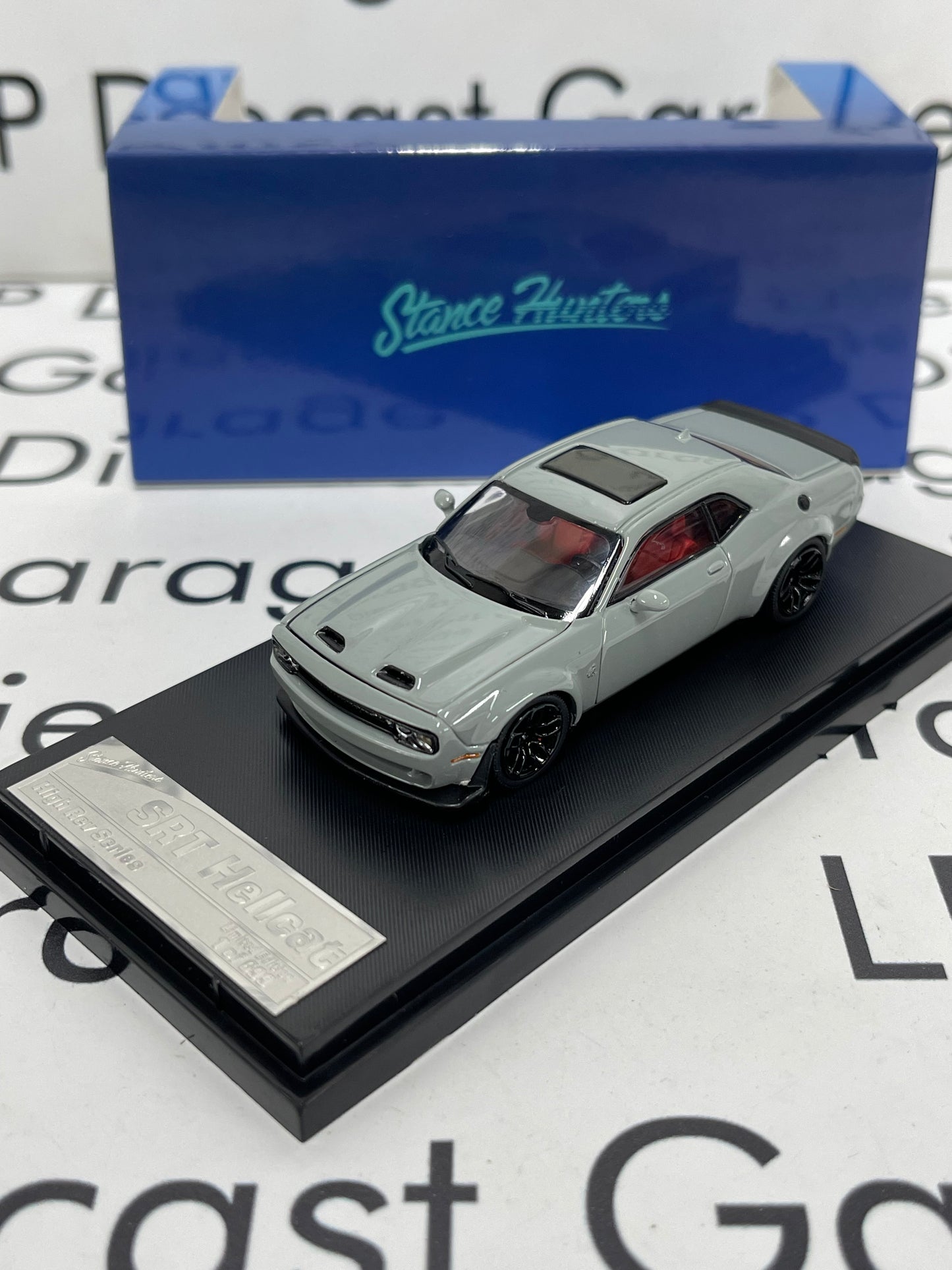 STANCE HUNTER 2023 Dodge Challenger SRT Hellcat Gray with Red Interior Opening Hood 1:64 Diecast