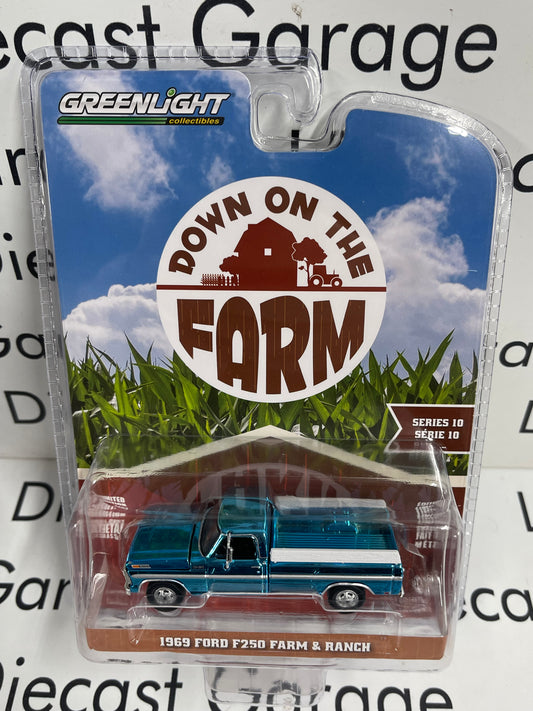 CHROME CHASE GREENLIGHT 1969 Ford F250 Teal Blue 1:64 Diecast Down on the Farm