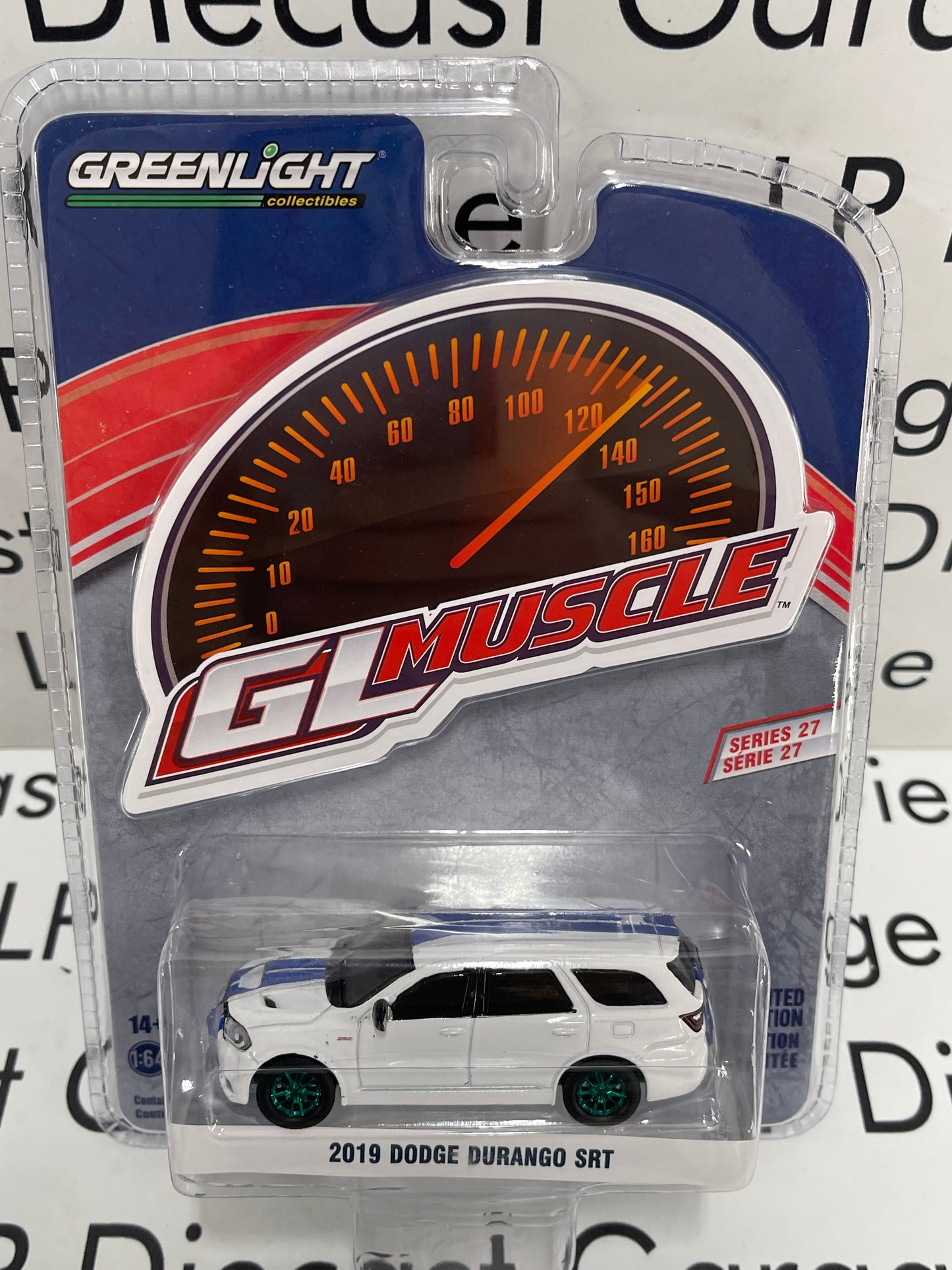 GREENLIGHT *GREEN MACHINE* 2019 Dodge Durango SRT White w/ Blue Stripes GL Muscle 1:64 Diecast