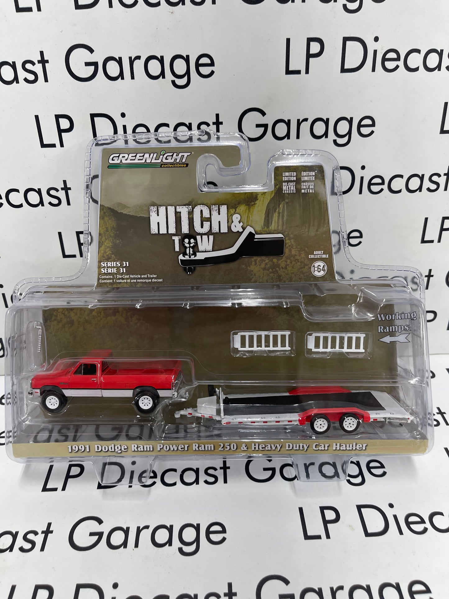 GREENLIGHT 1991 Dodge Power Ram 250 & Heavy Duty Car Hauler Hitch Tow 1:64 Diecast