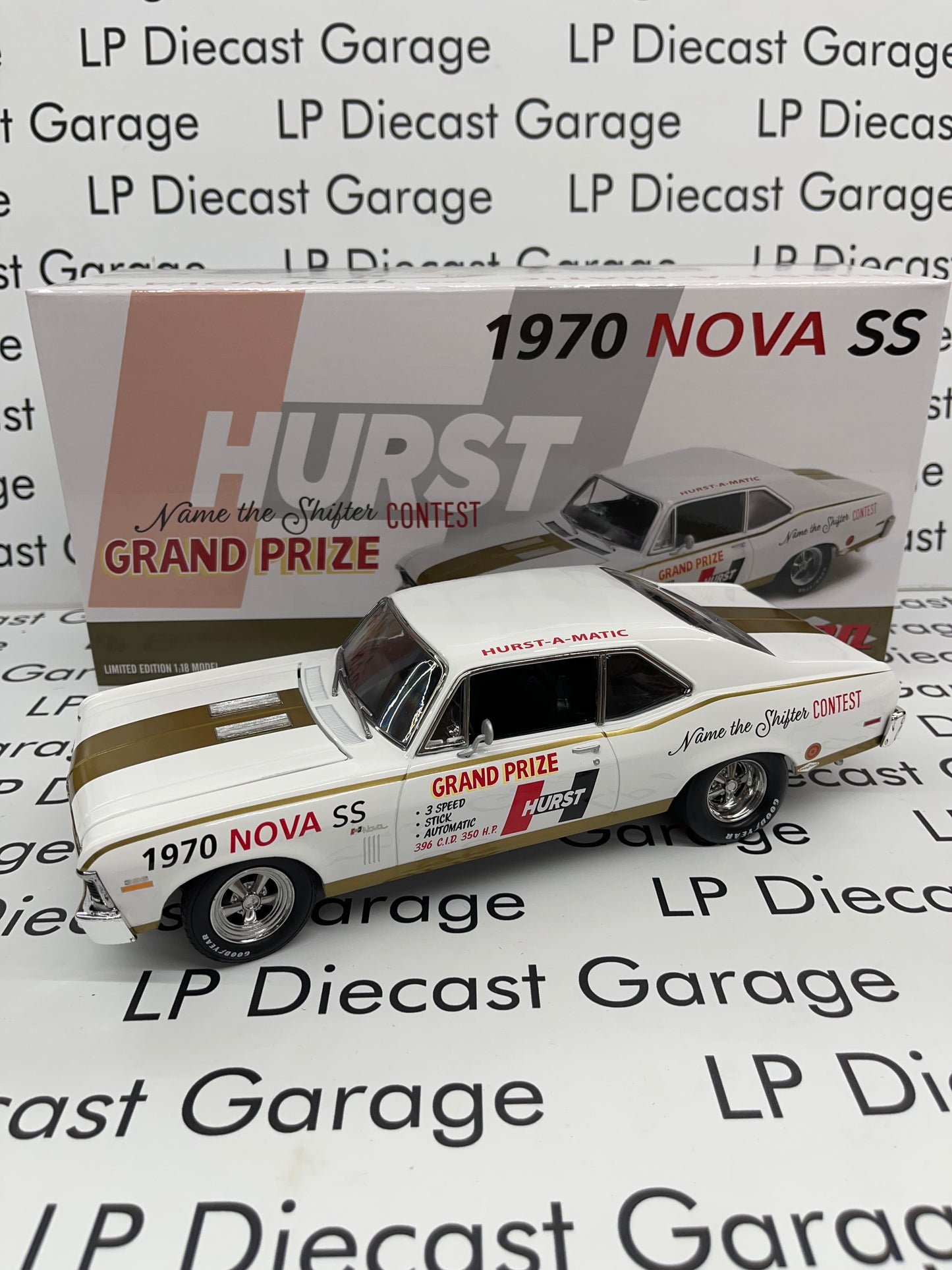 GMP 1970 Chevrolet Nova SS 54th International 500 Mile Sweepstakes Hurst Performance "Grand Prize" Car 1:18 Diecast 18982