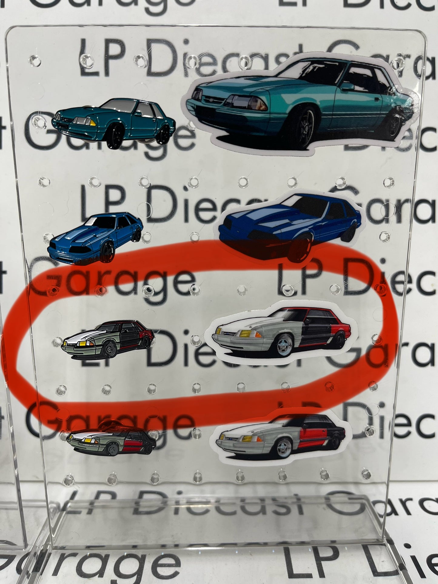 LP Diecast Garage 1987-1993 Ford Mustang Foxbody Hat Pin and Sticker Set Diecast Metal *Your choice of color*