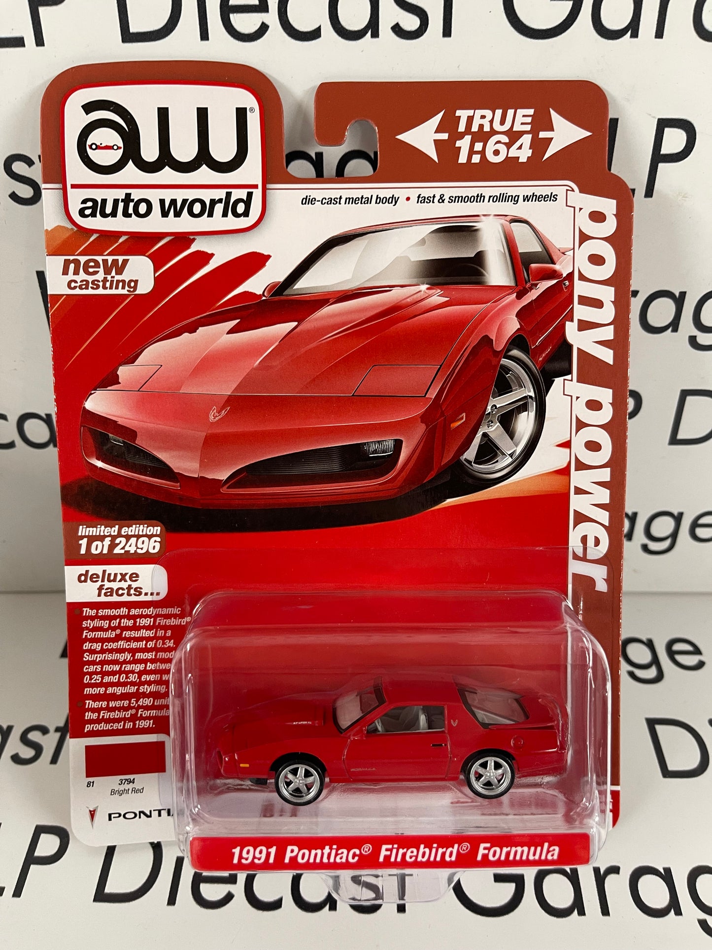 AUTO WORLD 1991 Pontiac Firebird Formula Bright Red 1:64 Diecast