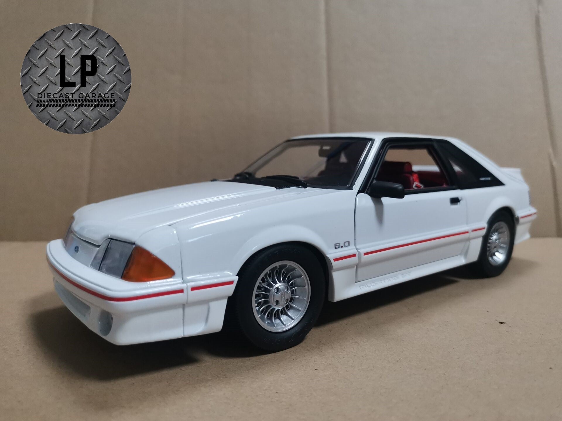 *PRE-ORDER* GMP 1988 Ford Mustang GT Oxford White w/ Red Body Stripe LP  Diecast Garage Exclusive 1:18 Diecast Q4 2023 Release