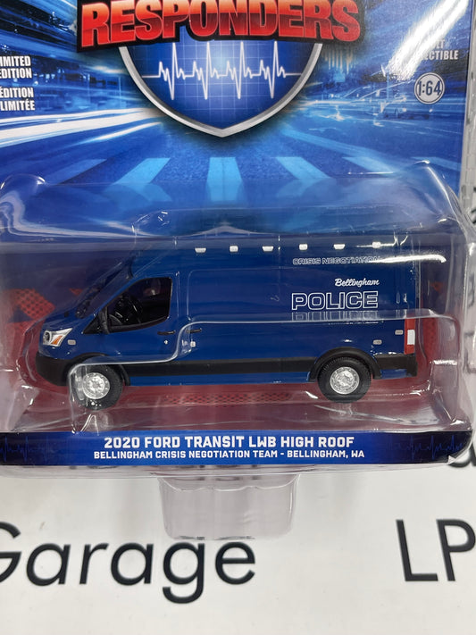 GREENLIGHT 2020 Ford Transit High Roof Bellingham Police 1:64 Diecast First Responders