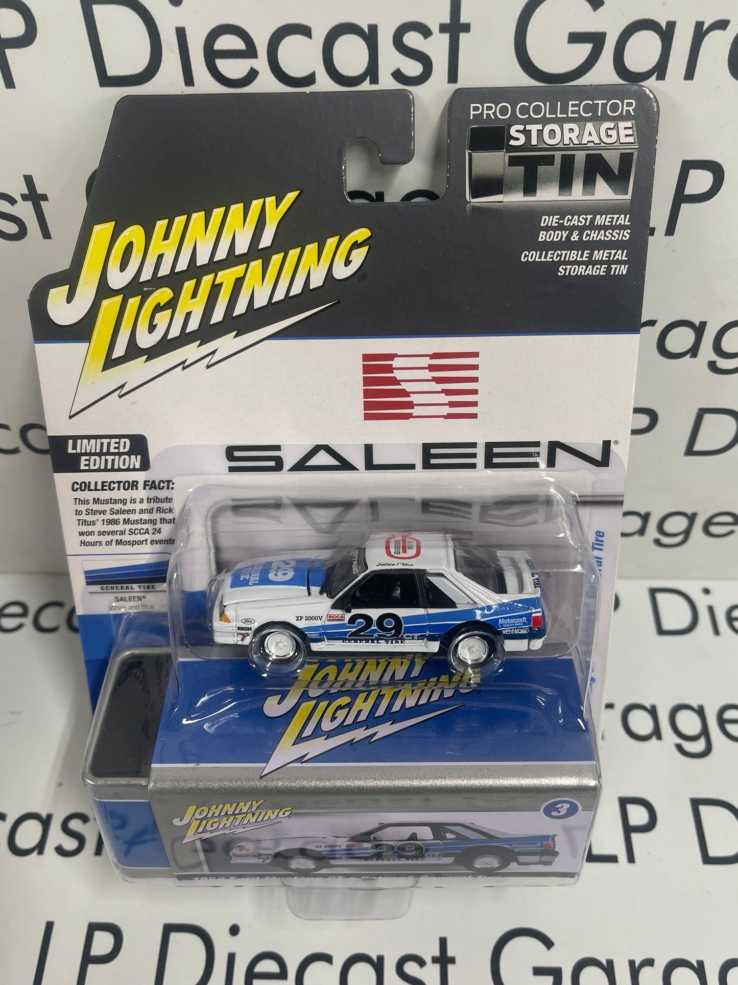 JOHNNY LIGHTNING 1988 Ford Mustang Saleen White/ Blue 1:64 Diecast Collector Tin