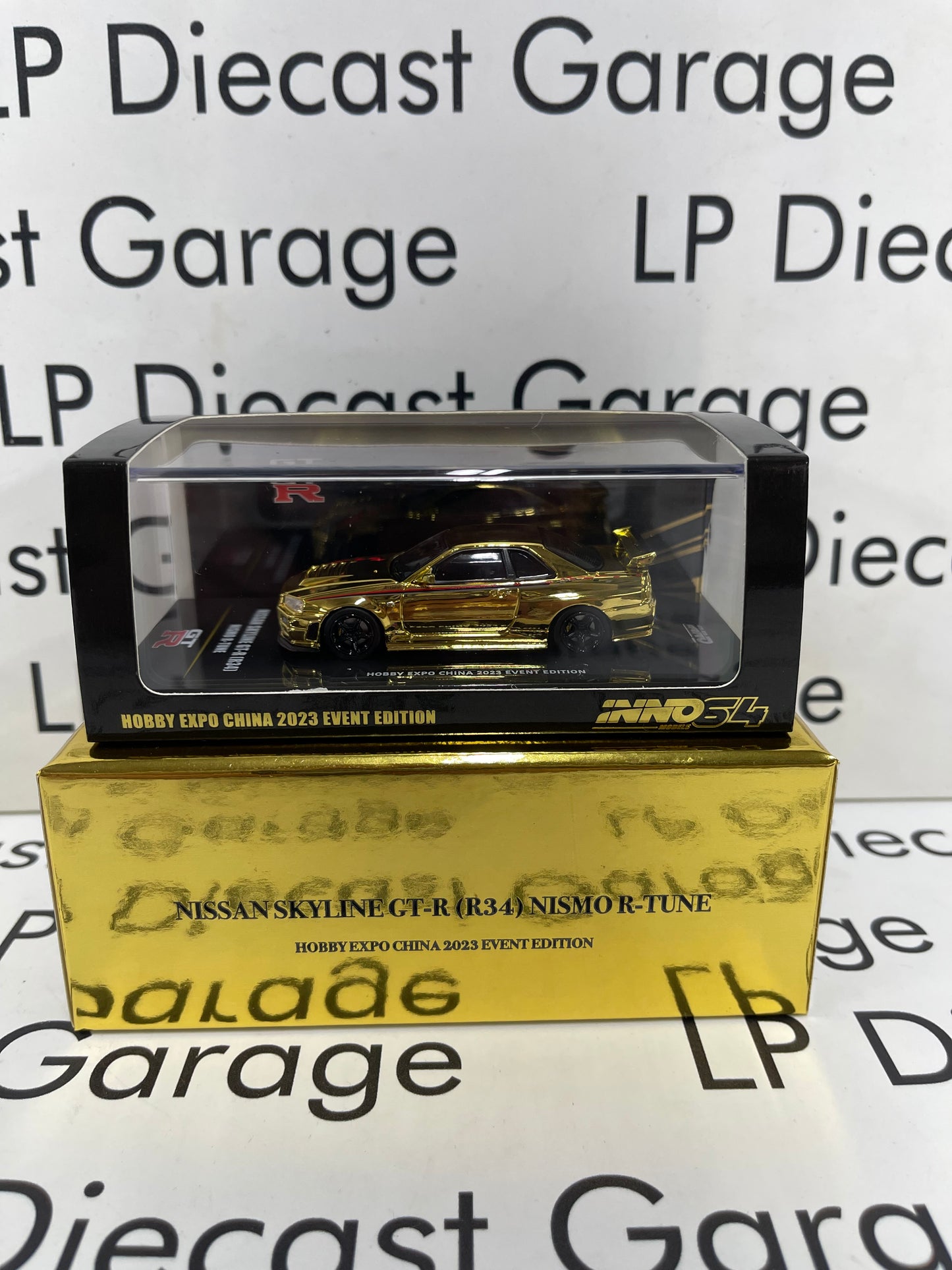 INNO64 Nissan Skyline GT-R (R34) Nismo R-Tune Hobby Expo China 2023 Event Edition GOLD CHROME 1:64 Diecast