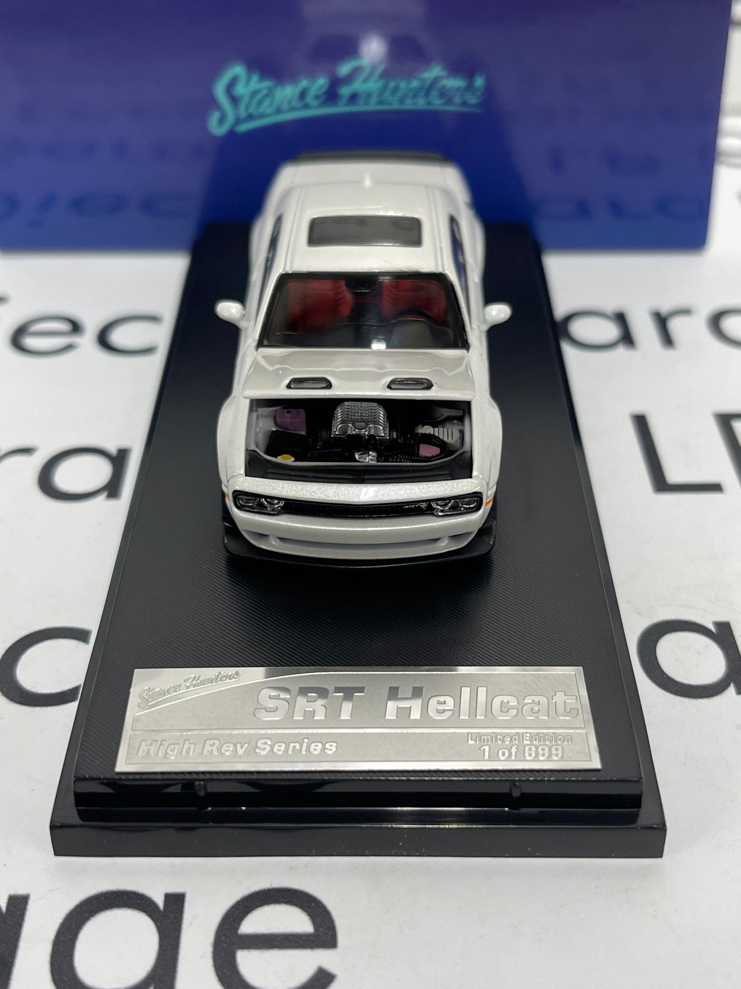 STANCE HUNTER 2023 Dodge Challenger SRT Hellcat White with Red Interior Opening Hood 1:64 Diecast