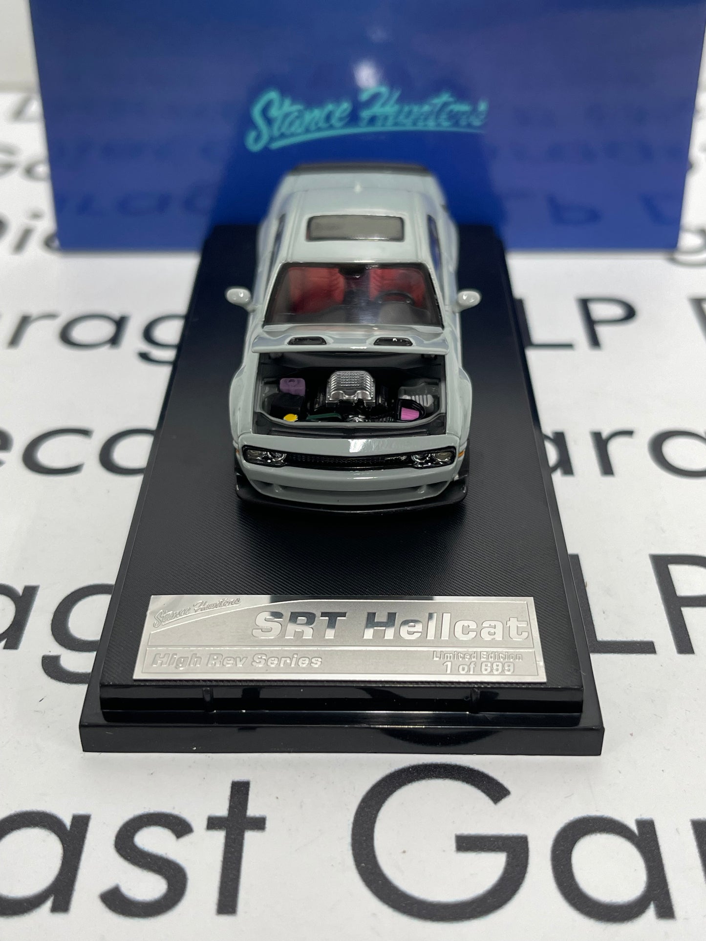 STANCE HUNTER 2023 Dodge Challenger SRT Hellcat Gray with Red Interior Opening Hood 1:64 Diecast