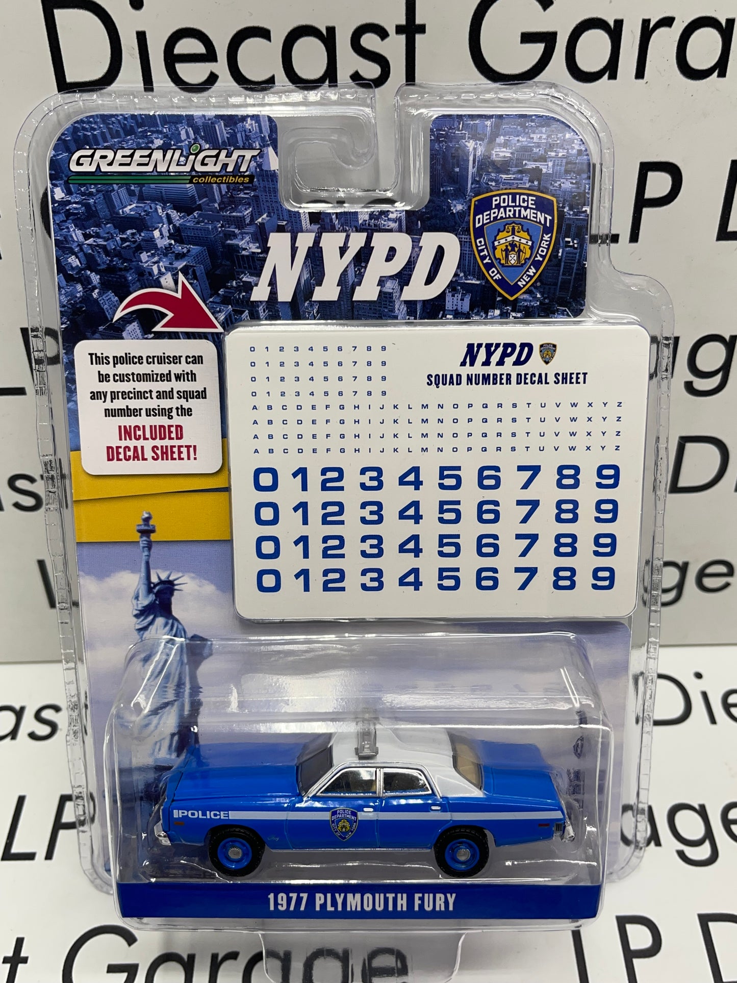 GREENLIGHT 1977 Plymouth Fury NYPD Police w/ Decal Sheet 1:64 Diecast