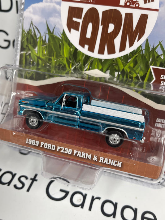 CHROME CHASE GREENLIGHT 1969 Ford F250 Teal Blue 1:64 Diecast Down on the Farm