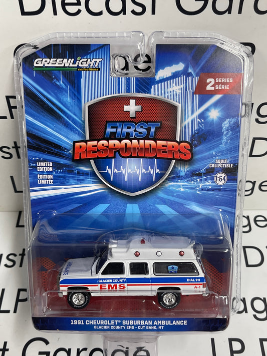 GREENLIGHT 1991 Chevrolet Suburban Ambulance Glacier EMS 1:64 Diecast First Responders Series 2