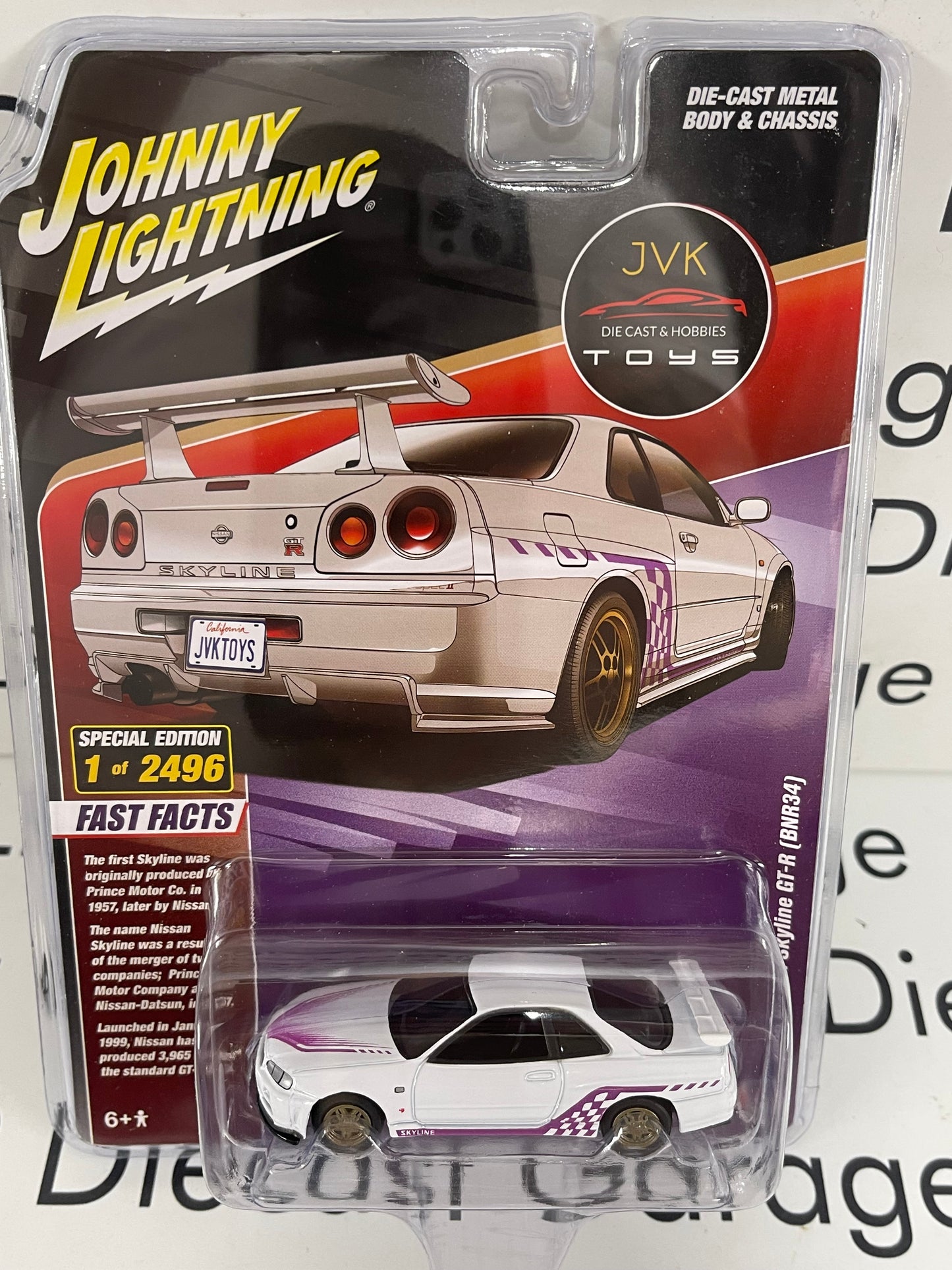 JOHNNY LIGHTNING 2000 Nissan Skyline GT-R (BNR34) White/ Purple JVK Exclusive 1:64 Diecast