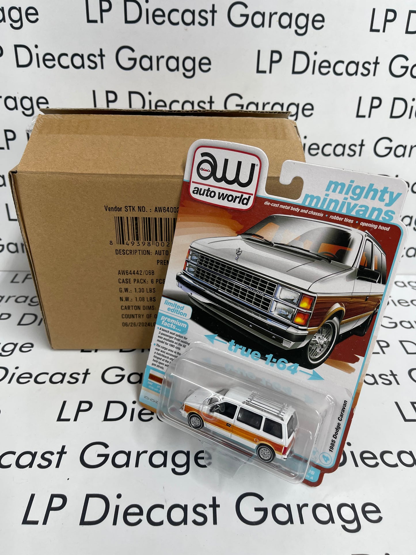 AUTO WORLD 1985 Dodge Caravan White w/ Woodgrain  1:64 Diecast CASE OF 6PCS