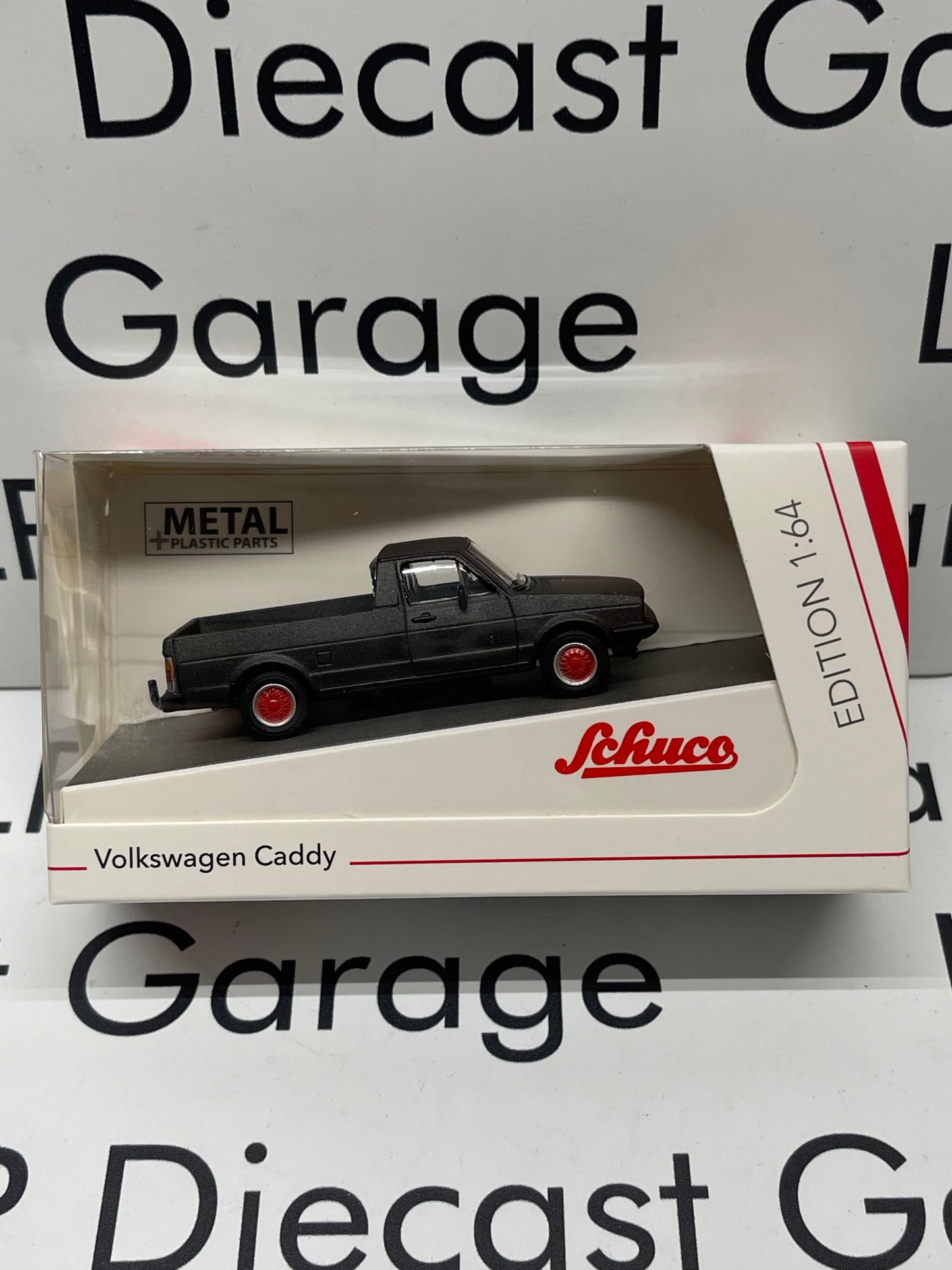 SCHUCO 1980 Volkswagen Caddy Pick Up Truck Matte Black Red Rims 1:64 Diecast