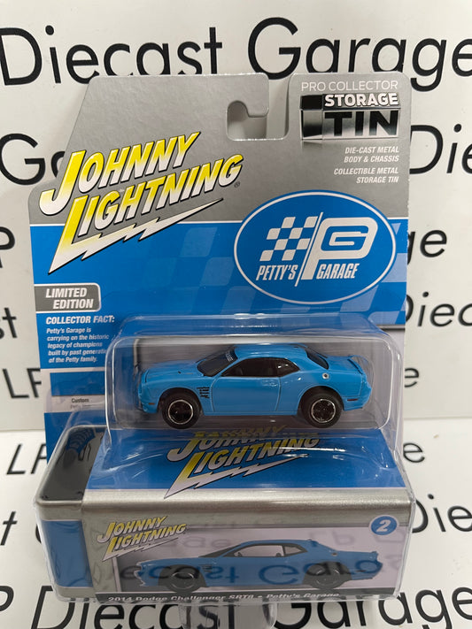 JOHNNY LIGHTNING 2014 Dodge Challenger SRT8 Petty's Garage Blue Pro Collector Tin 1:64 Diecast