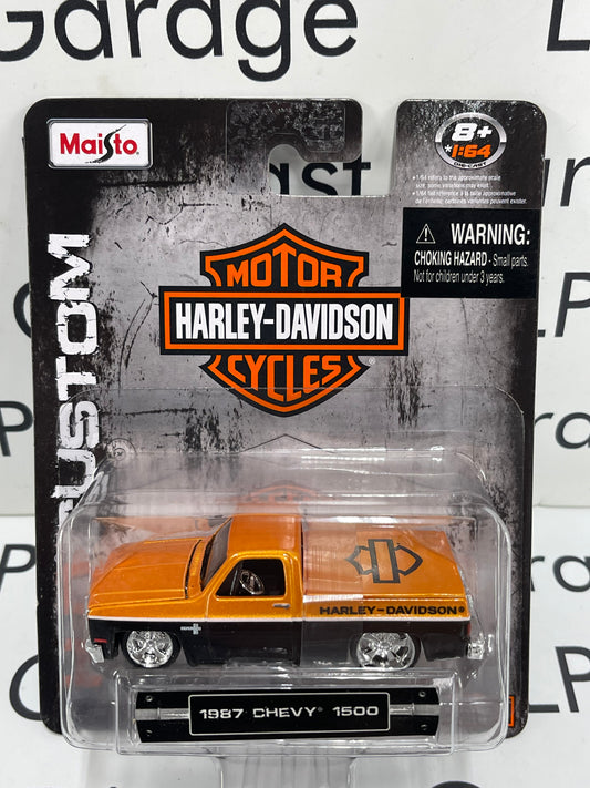 MAISTO 1987 Chevy Silverado 1500 Black & Orange Harley Davidson 1:64 Diecast