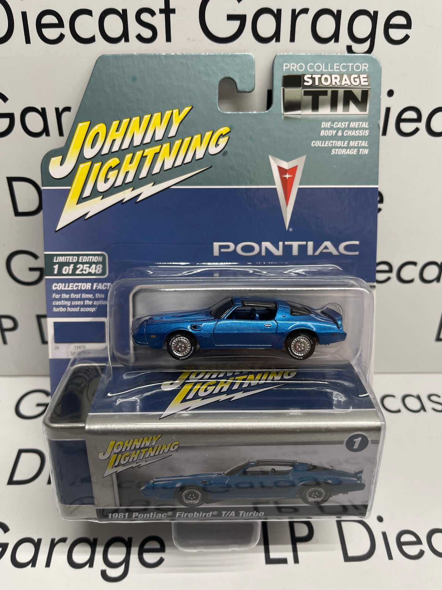 JOHNNY LIGHTNING 1981 Pontiac Firebird T/A Turbo Blue Pro Collector Tin 1:64 Diecast