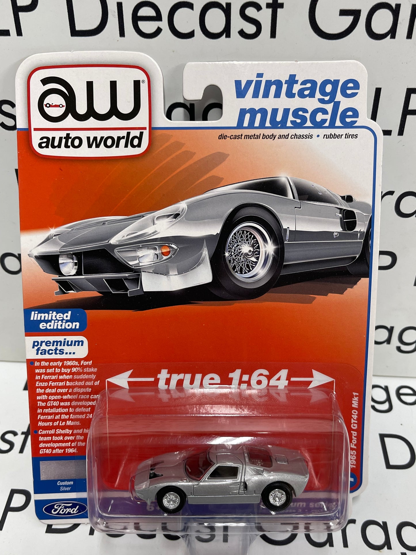 AUTO WORLD 1965 Ford GT40 MK1 Custom Silver Vintage Muscle 1:64 Diecast