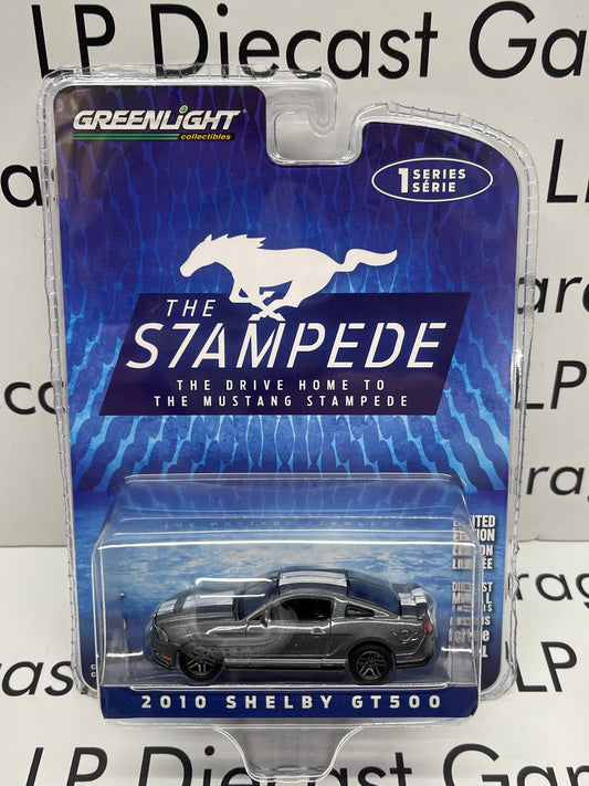 GREENLIGHT 2010 Ford Mustang Shelby GT500 Sterling Grey Metallic with White Stripes The Stampede Series 1:64 Diecast