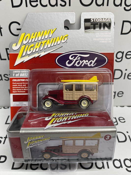 JOHNNY LIGHTNING 1931 Ford Model A Woody Candy Apple Red Pro Collector Tin 1:64 Diecast