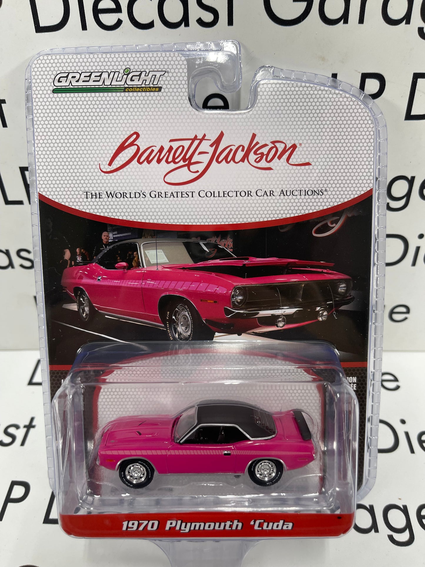 GREENLIGHT Barrett Jackson 1970 Plymouth Cuda Pink with Black Vinyl Top 1:64 Diecast