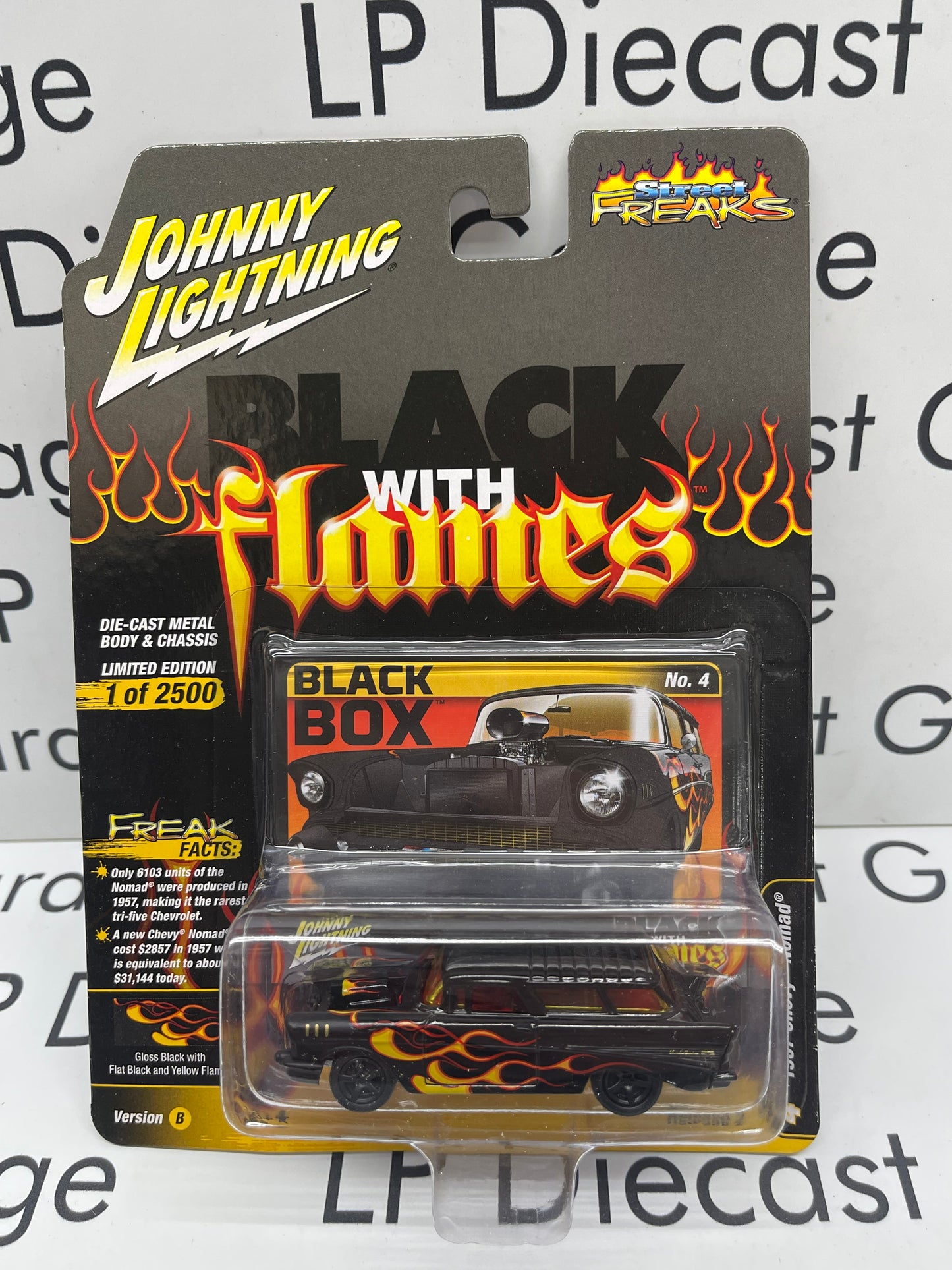 JOHNNY LIGHTNING 1957 Chevy Nomad Black with Flames Gloss Black Street Freaks 1:64 Diecast