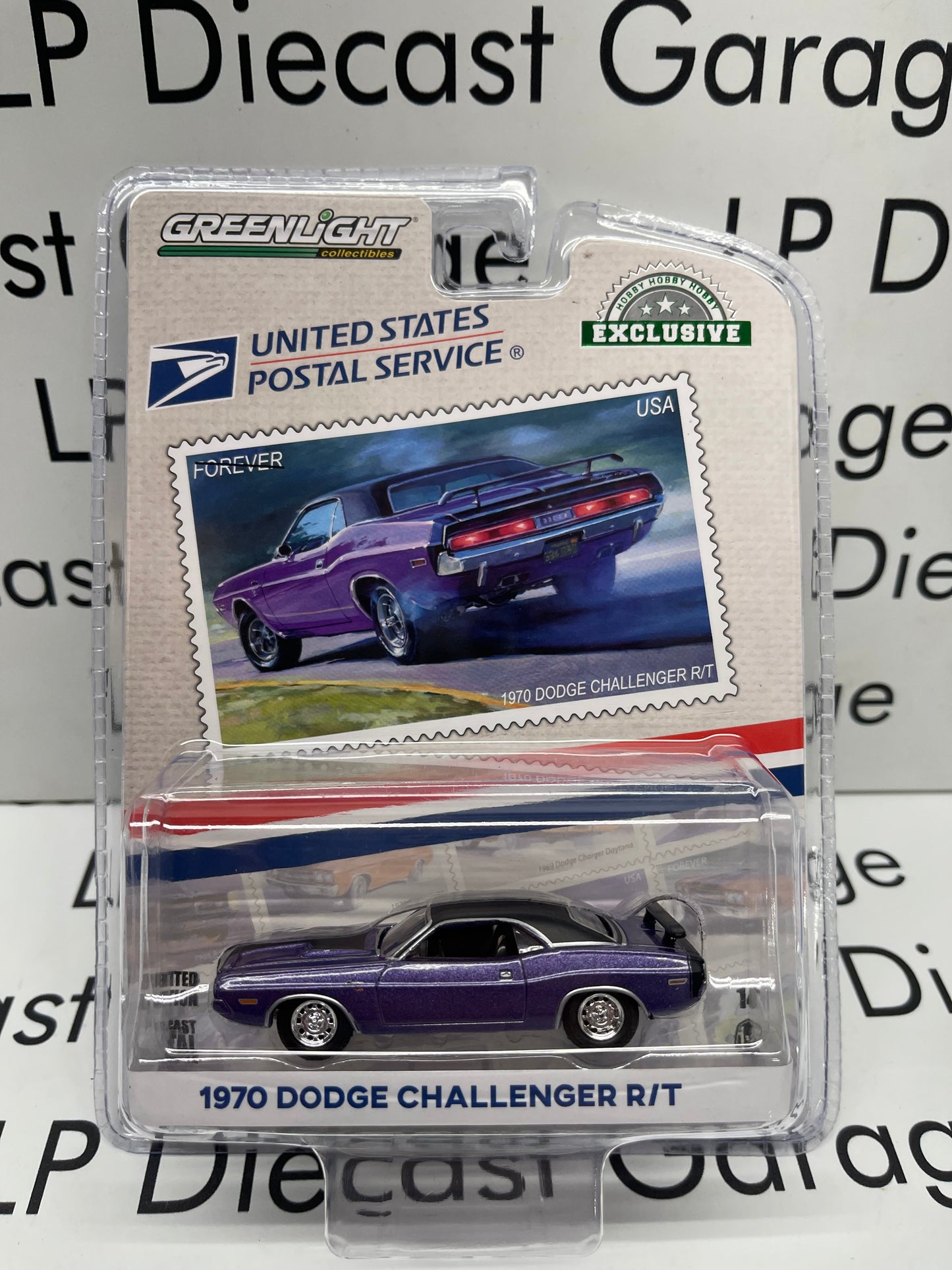 GREENLIGHT 1970 Dodge Challenger R/T Plum Crazy Purple United States Postal Service 1:64 Diecast