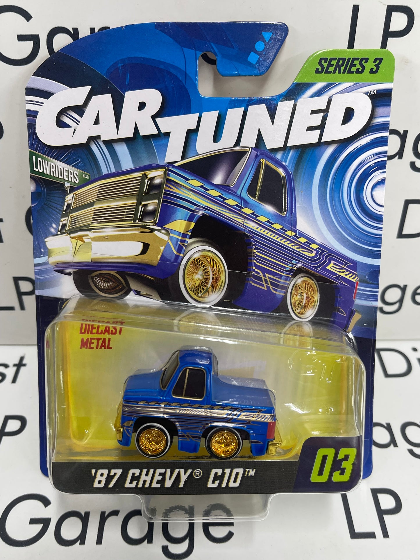 CARTUNED '87 Chevy C10 Blue w/ Gold Rims Series 3 1:64 Diecast