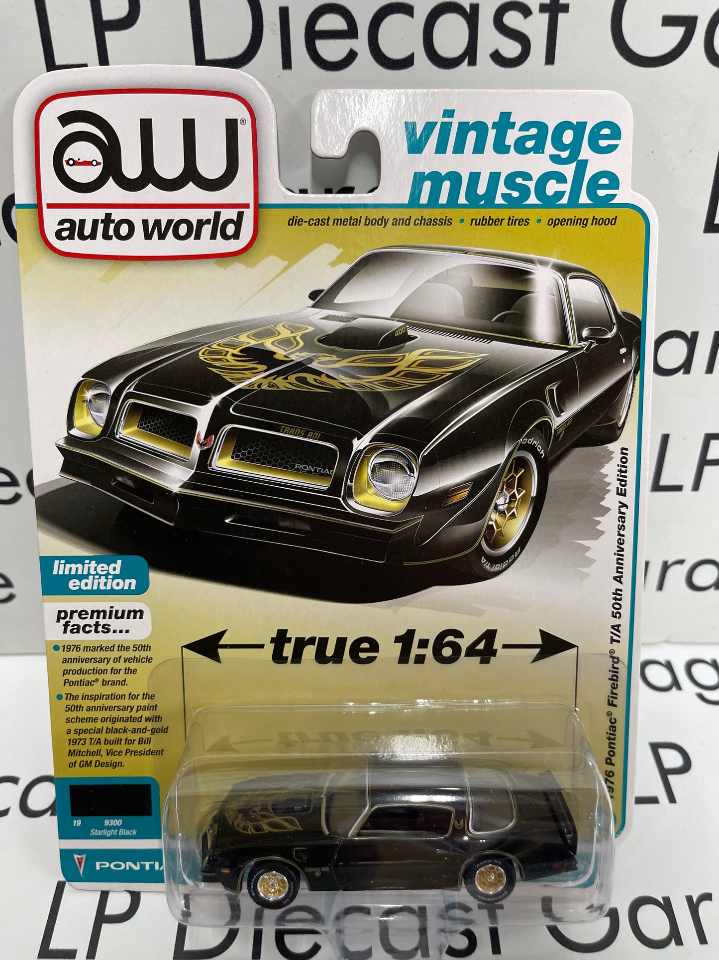 AUTO WORLD 1976 Pontiac Firebird T/A 50th Anniversary Edition Starlight Black Vintage Muscle 1:64 Diecast