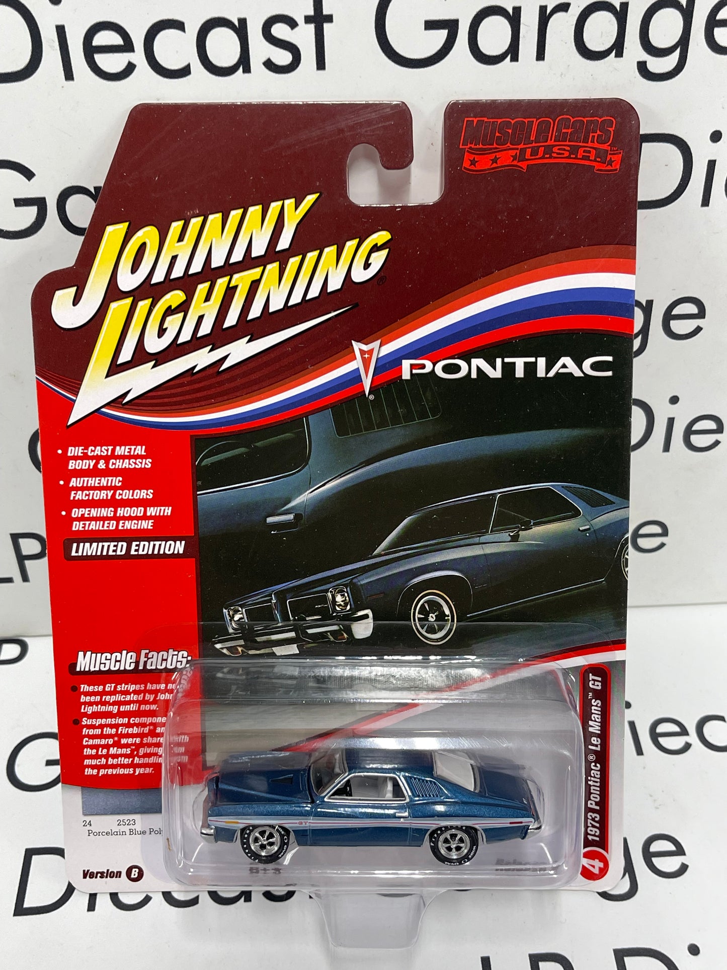 JOHNNY LIGHTNING 1973 Pontiac Le Mans GT Porcelain Blue Poly Muscle Cars USA 1:64 Diecast