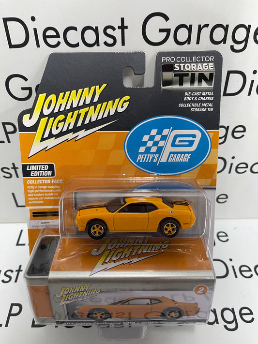 JOHNNY LIGHTNING 2014 Dodge Challenger SRT8 Petty's Garage Orange Pro Collector Tin 1:64 Diecast