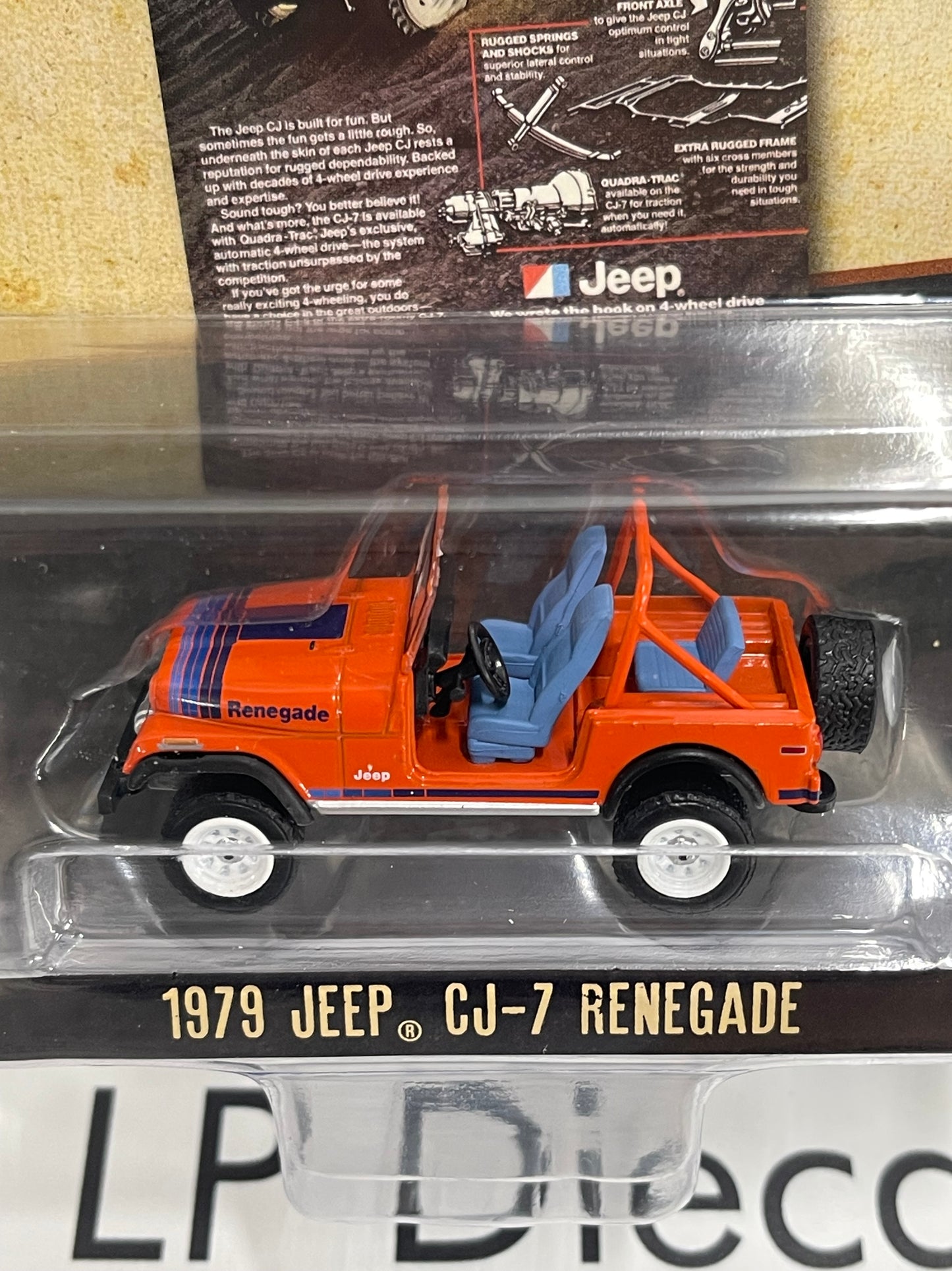 GREENLIGHT 1979 Jeep CJ7 Renegade Red w/ Blue Stripe 1:64 Diecast Vintage Ad Cars