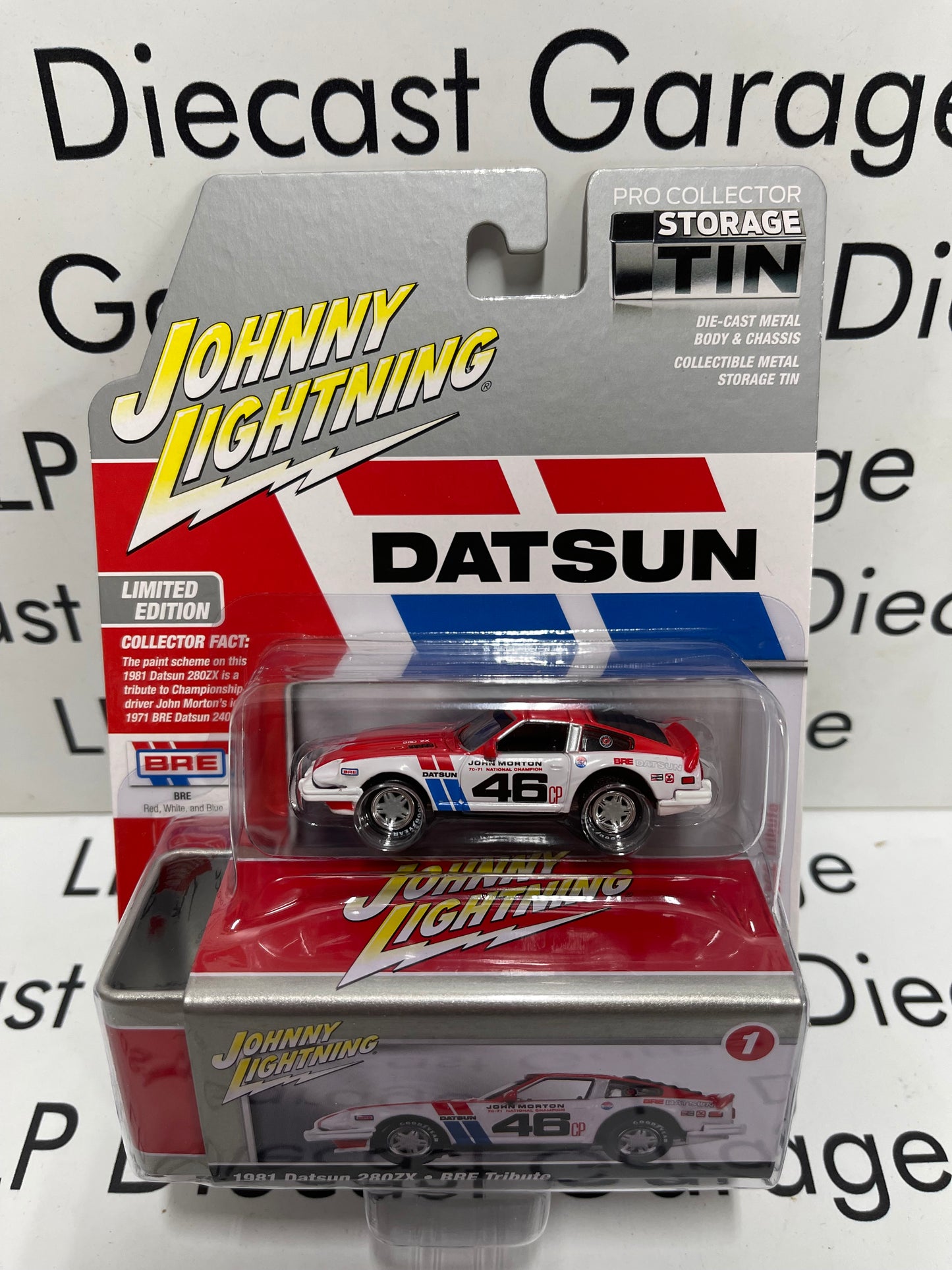 JOHNNY LIGHTNING 1981 Datsun 280ZX BRE Tribute Red Pro Collector Tin 1:64 Diecast