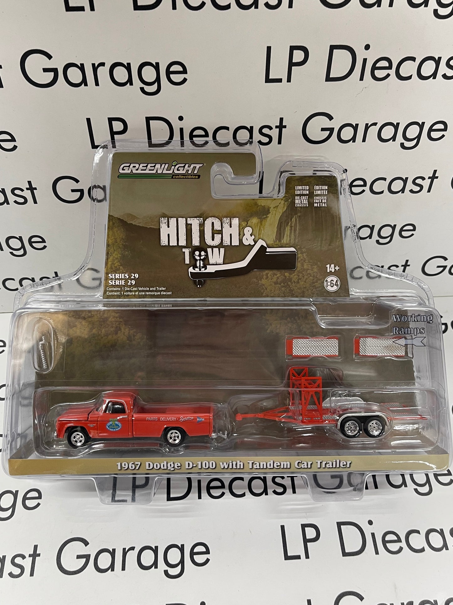 GREENLIGHT 1967 Dodge D-100 with Car Trailer Grand Spaulding Dodge Hitch & Tow Set 1:64 Diecast