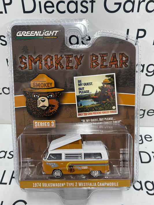 GREENLIGHT Smokey Bear 1974 Volkswagen Type 2 Westfalia Campmobile Orange White Series 3 1:64 Diecast