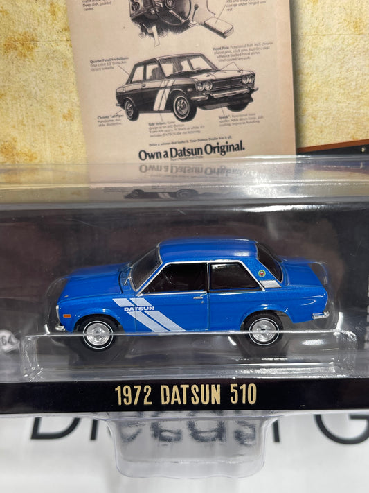 GREENLIGHT 1972 Datsun 510 Blue w/ White Side Stripes 1:64 Diecast Vintage Ad Cars