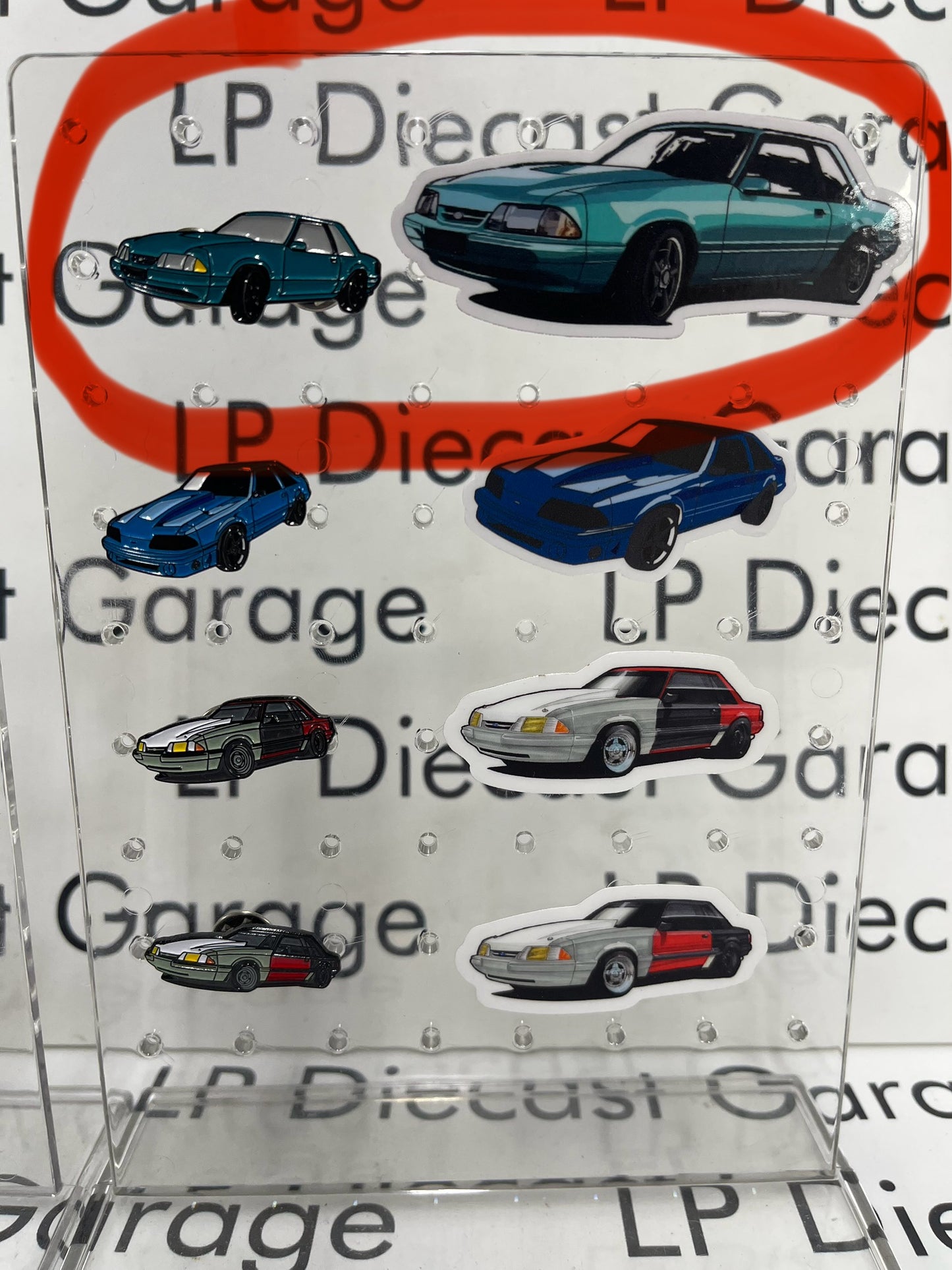 LP Diecast Garage 1987-1993 Ford Mustang Foxbody Hat Pin and Sticker Set Diecast Metal *Your choice of color*