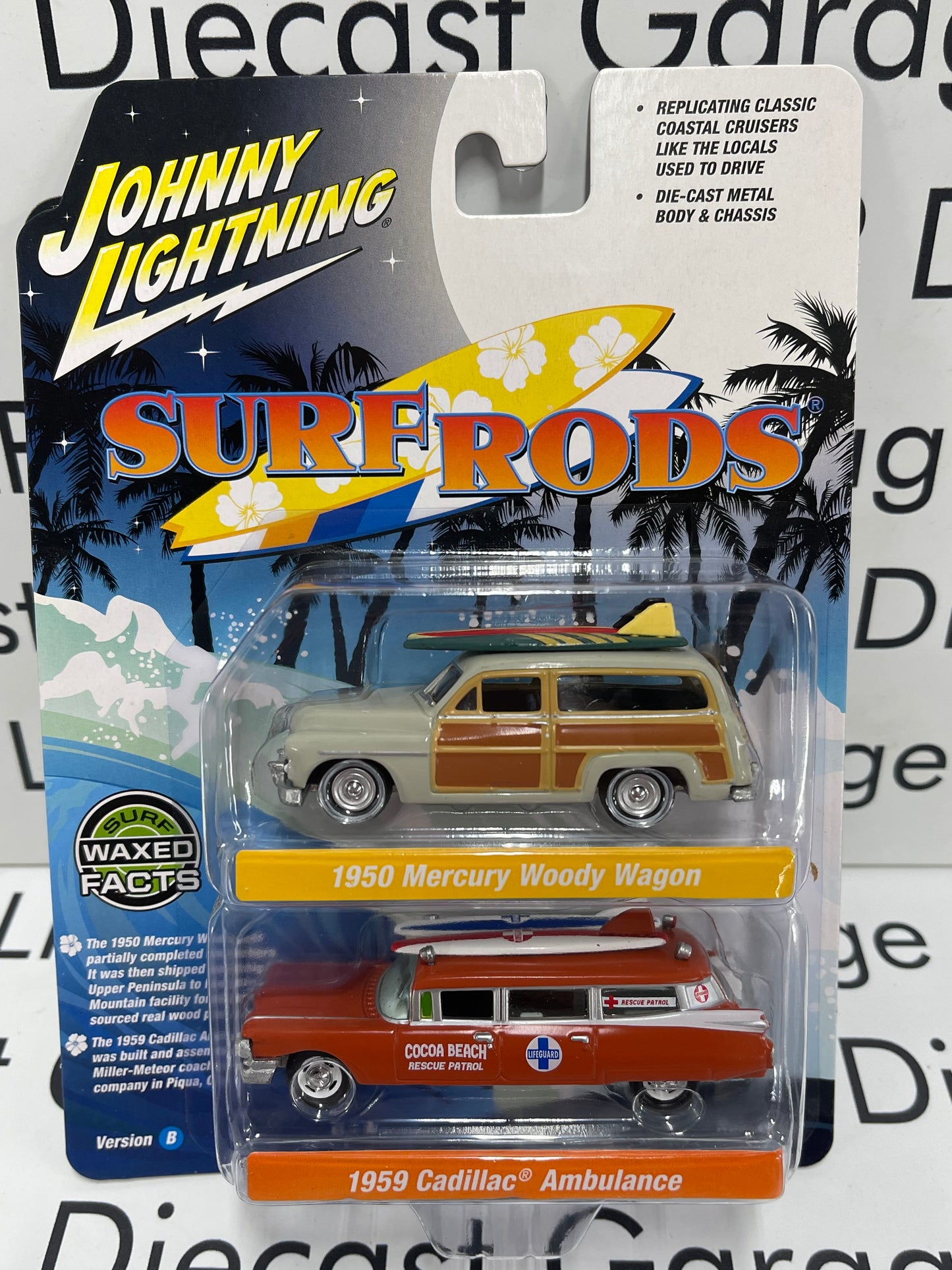 JOHNNY LIGHTNING Surf Rods 2 Pack 1950 Mercury Woody Wagon & 1959 Cadillac Ambulance Version B 1:64 Diecast