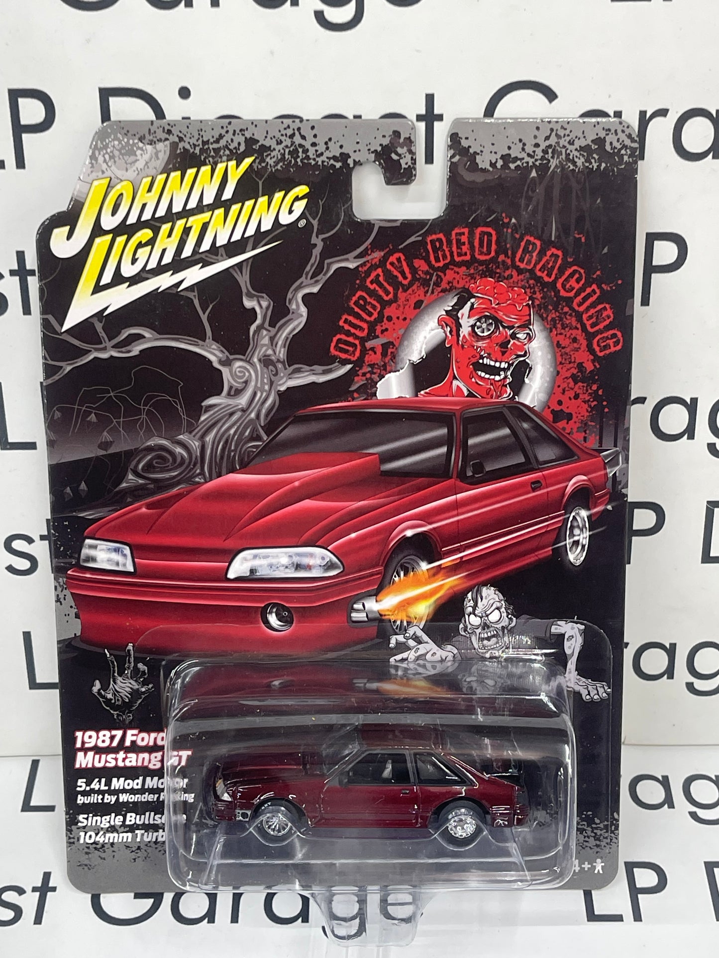 JOHNNY LIGHTNING 1987 Ford Mustang GT Dirty Red Racing 1:64 Diecast Bill Robaey