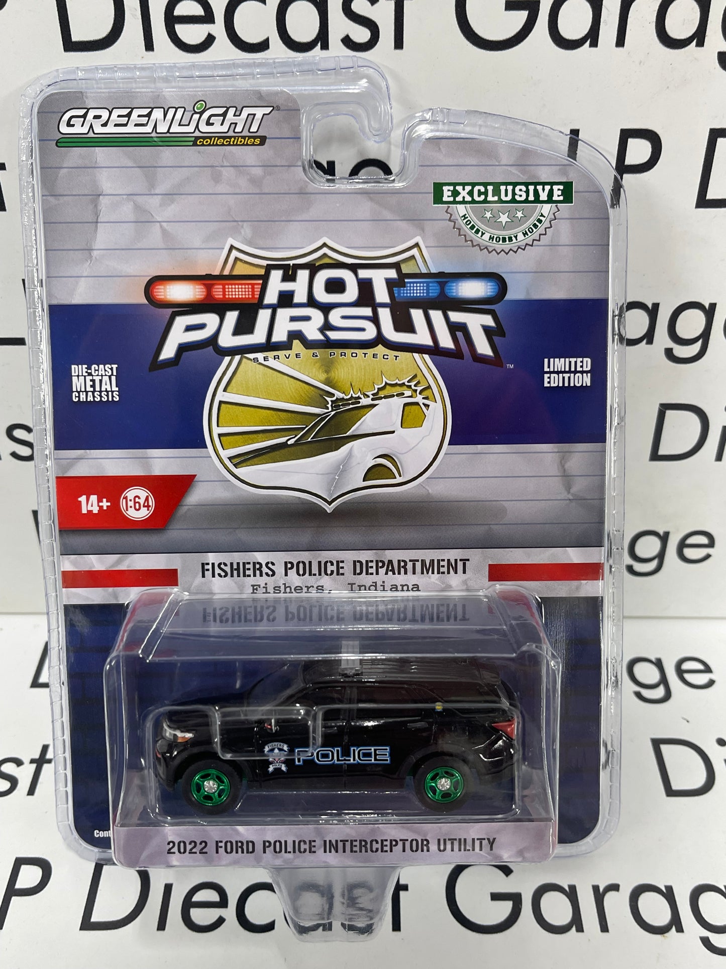 GREENLIGHT *GREEN MACHINE* 2022 Ford Police Interceptor Fishers Indiana "Hot Pursuit" 1:64 Diecast