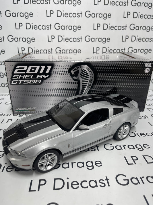 GREENLIGHT 2011 Ford Mustang Shelby GT500 Ingot Silver with Black Stripes 1:18 Diecast