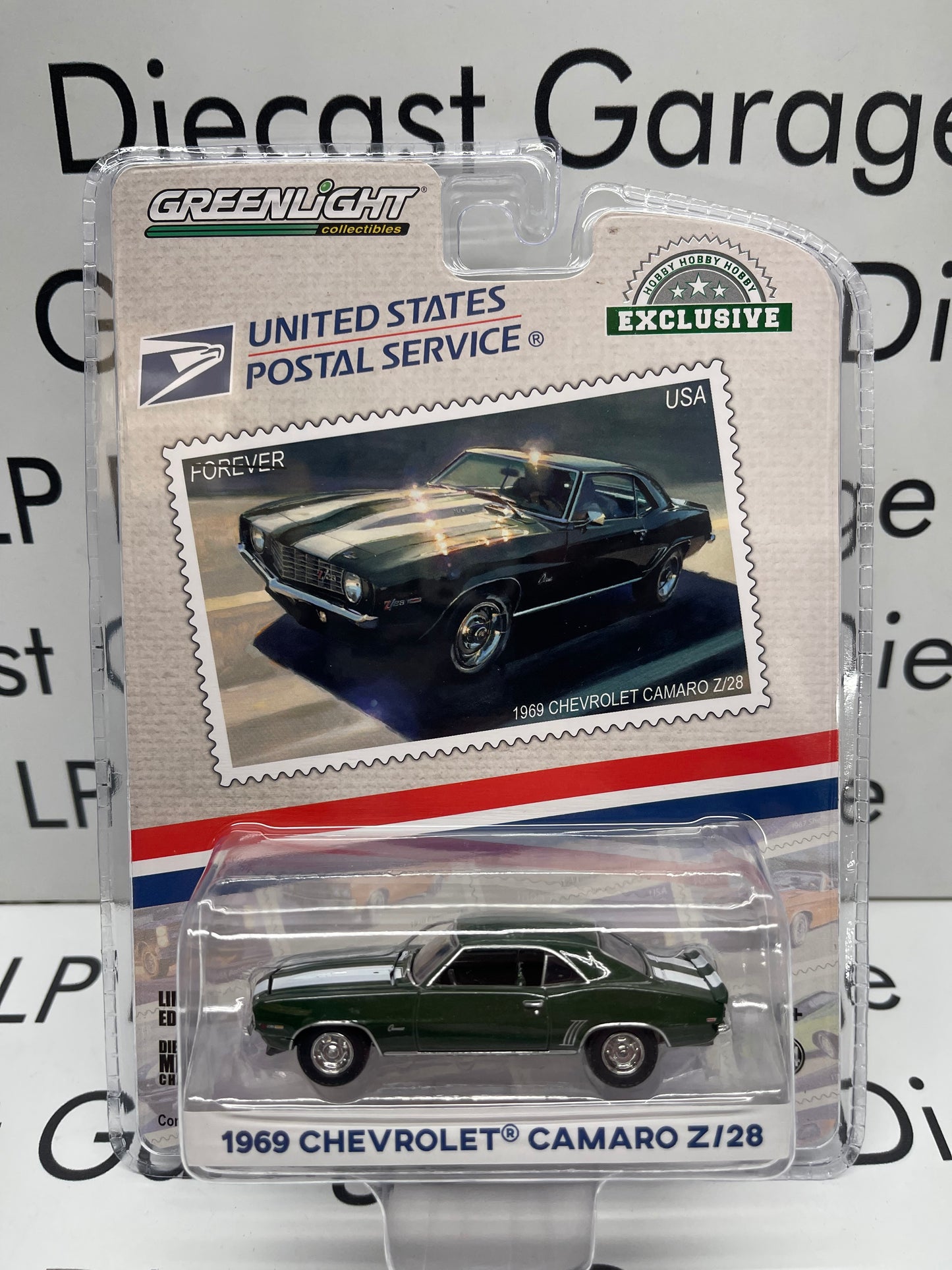 GREENLIGHT 1969 Chevrolet Camaro Z28 Green with White Stripes United States Postal Service 1:64 Diecast