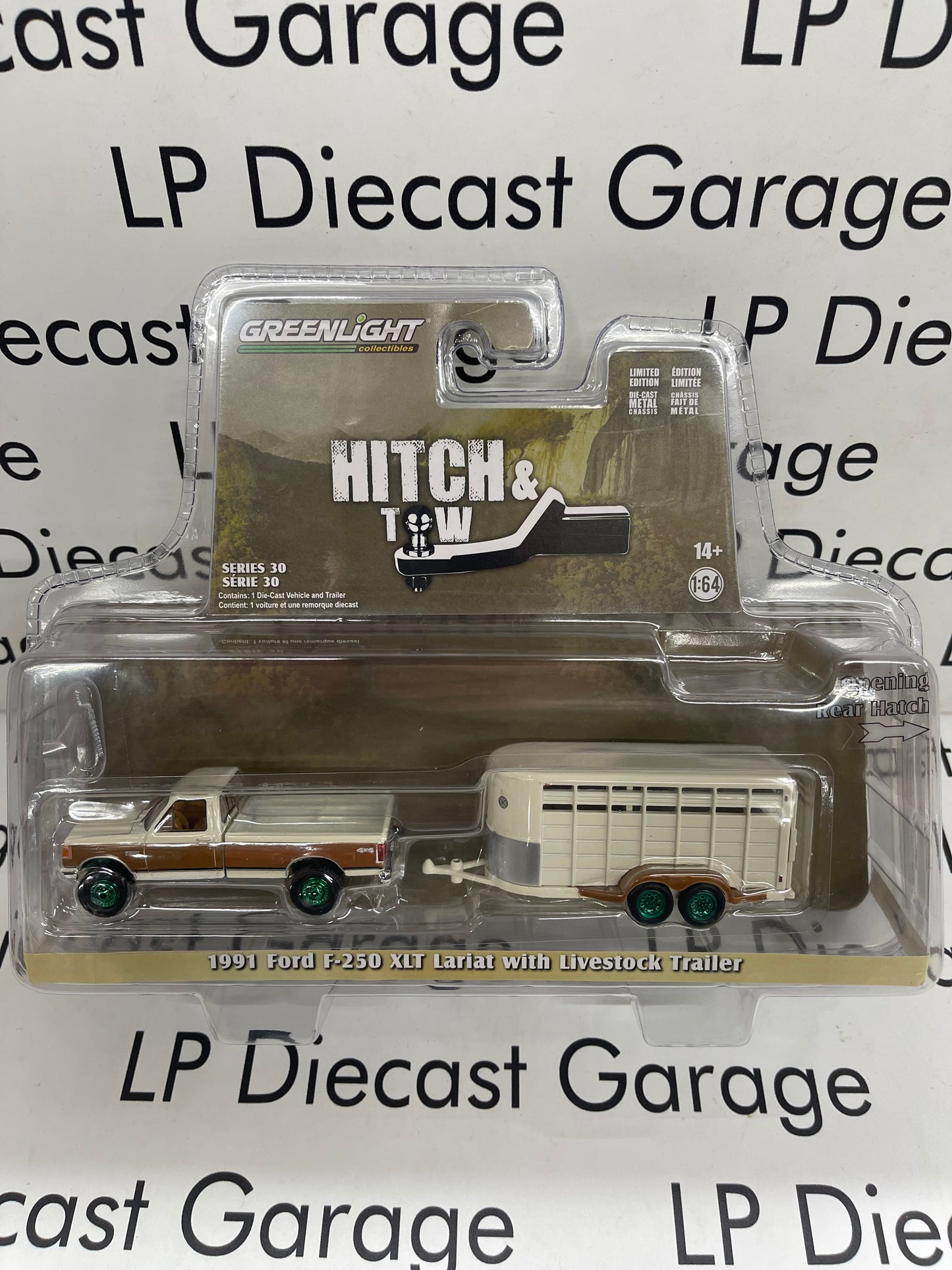 GREEN MACHINE GREENLIGHT 1991 Ford F-250 w/ Livestock Trailer 1:64 Diecast Hitch & Tow