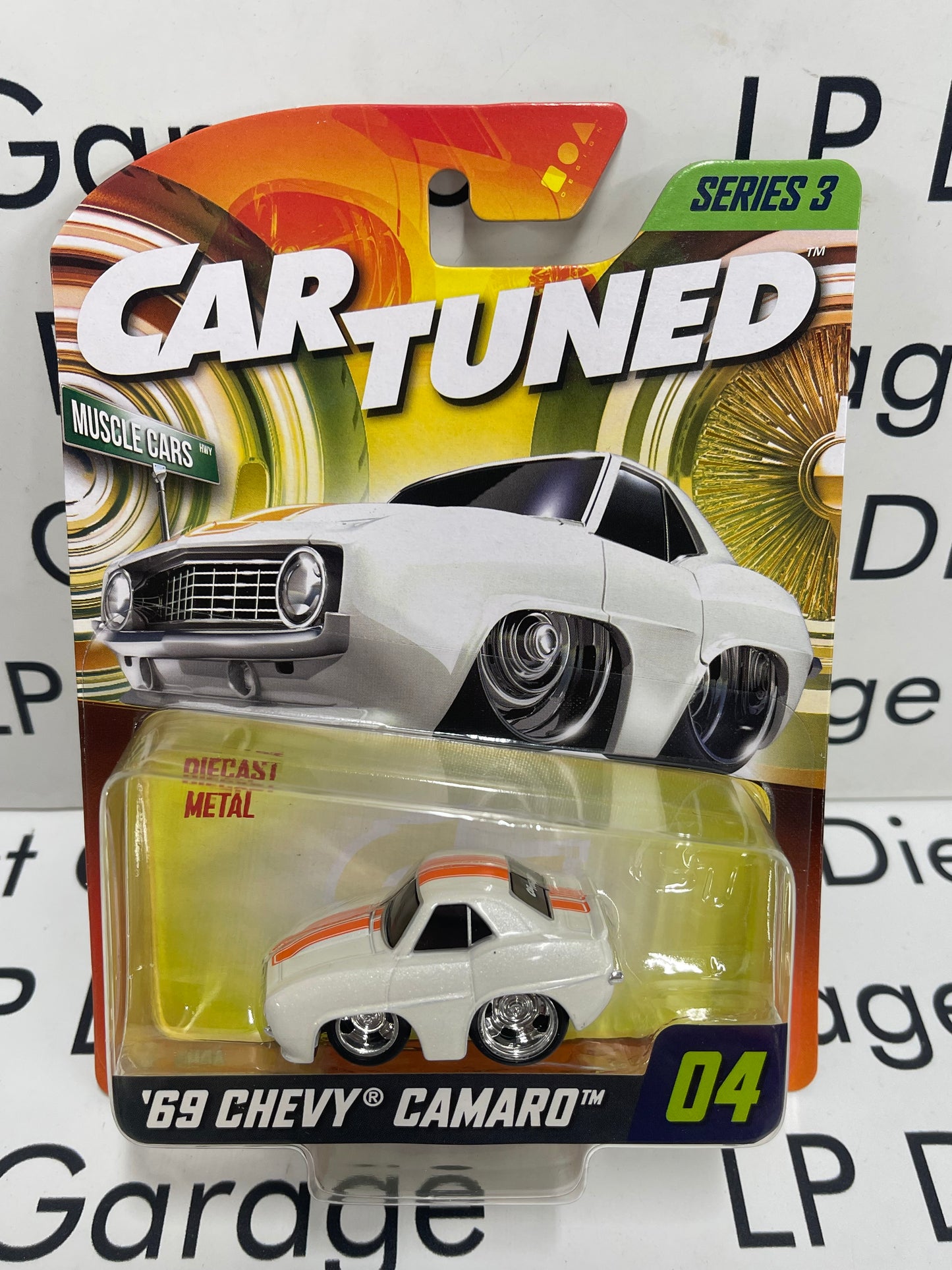 CARTUNED '69 Chevy Camaro White w/Orange Stripes Series 3 1:64 Diecast