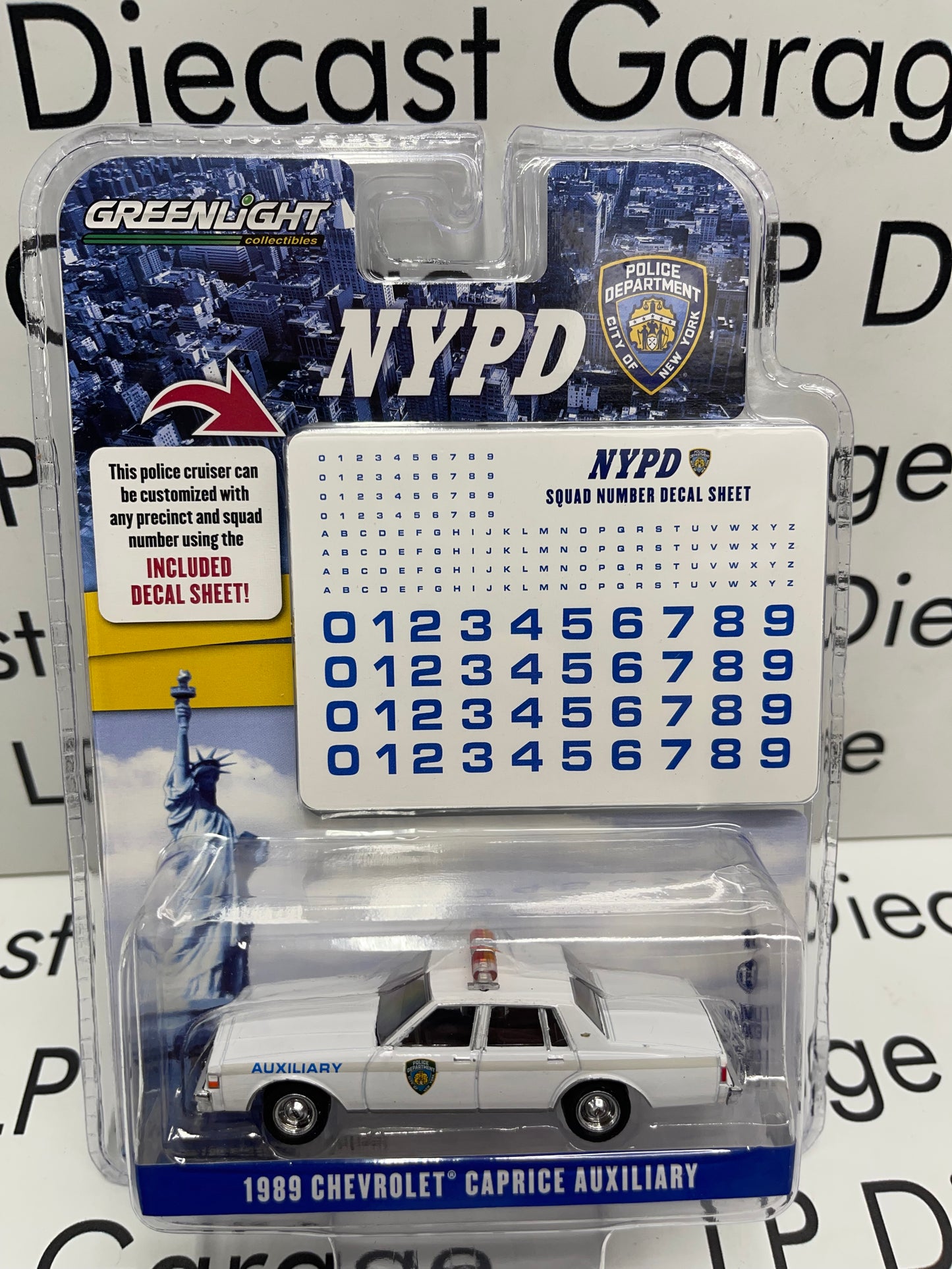 GREENLIGHT 1989 Chevrolet Caprice Auxiliary NYPD Police w/ Decal Sheet 1:64 Diecast