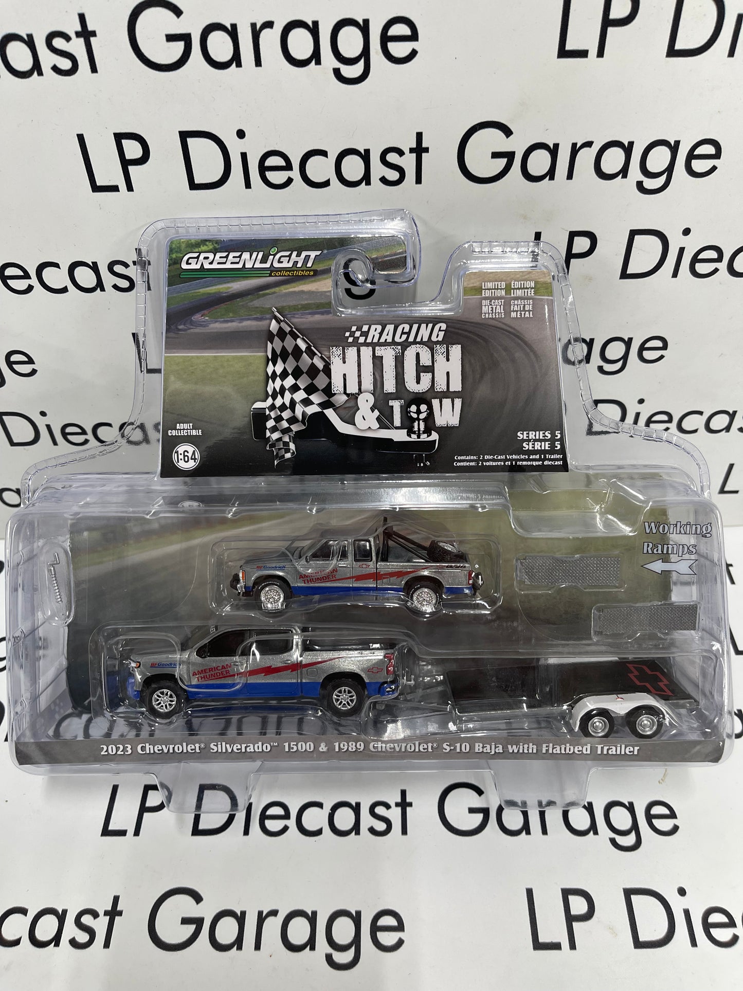 GREENLIGHT *RAW CHASE* 2020 Chevrolet Silverado 1500 & 1989 S-10 Baja with Trailer Racing Hitch Tow Set 1:64 Diecast