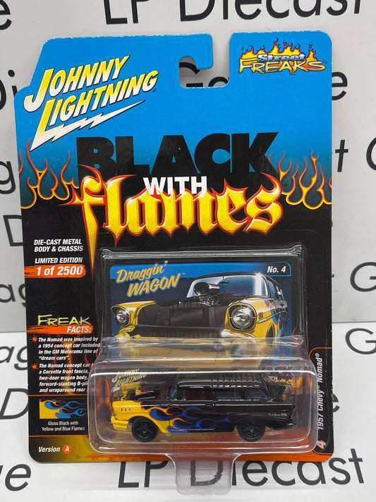 JOHNNY LIGHTNING 1957 Chevy Nomad Black with Blue Flames Street Freaks 1:64 Diecast